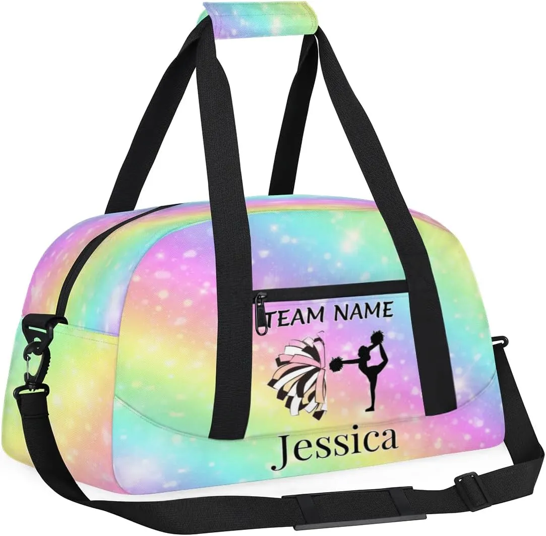 Personalised Cheer Sports Bags, Custom Cheerleader Silhouette Gym Duffle Bag Cheerleading Bags Travel Duffel Bag, Overnight Weekender Bags, Glitter Rainbow Print