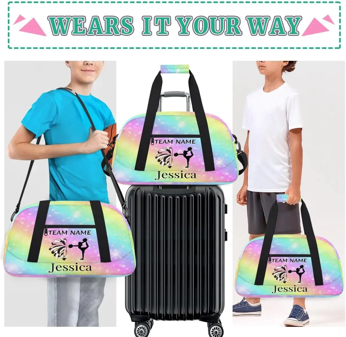 Personalised Cheer Sports Bags, Custom Cheerleader Silhouette Gym Duffle Bag Cheerleading Bags Travel Duffel Bag, Overnight Weekender Bags, Glitter Rainbow Print