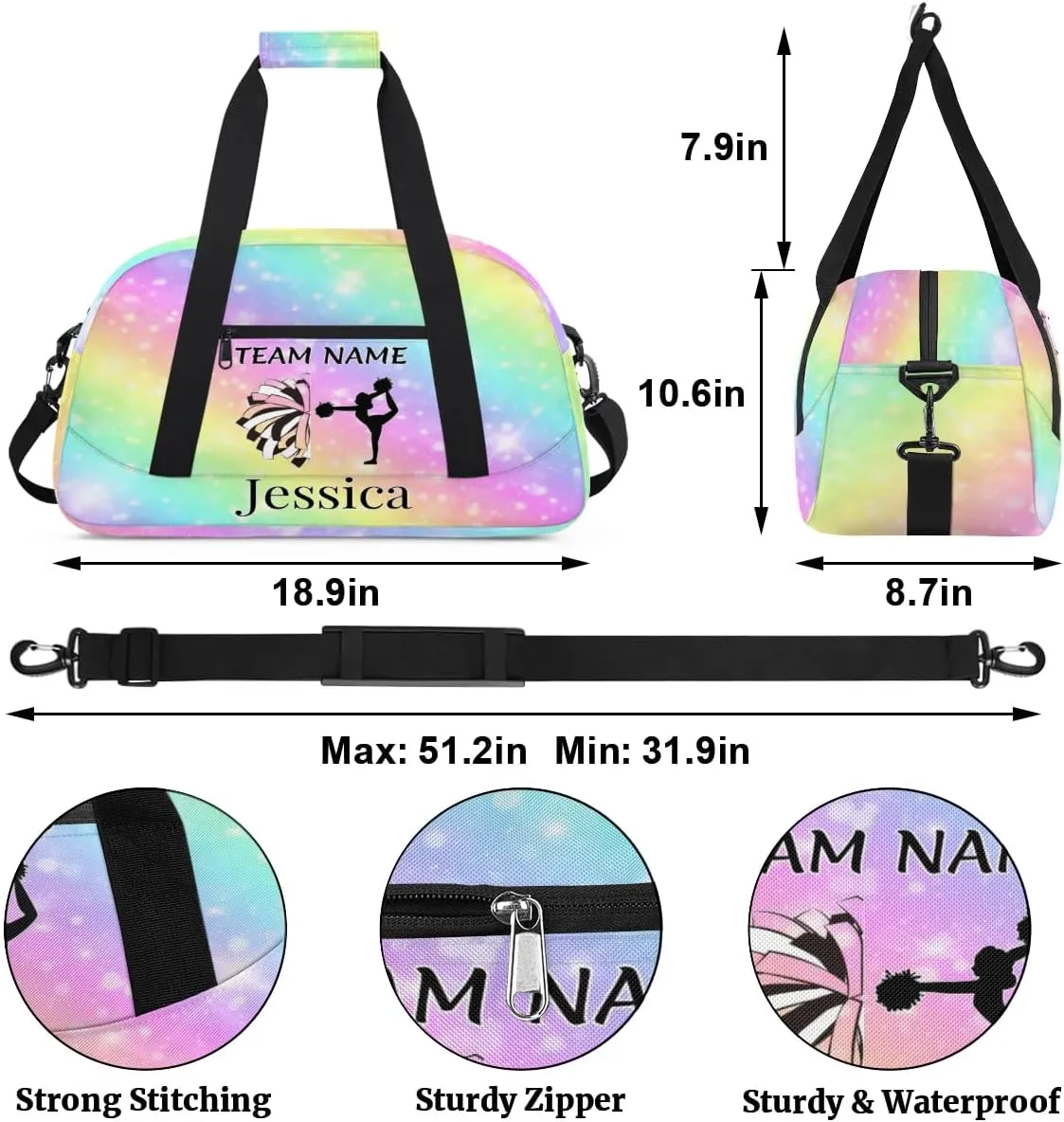 Personalised Cheer Sports Bags, Custom Cheerleader Silhouette Gym Duffle Bag Cheerleading Bags Travel Duffel Bag, Overnight Weekender Bags, Glitter Rainbow Print