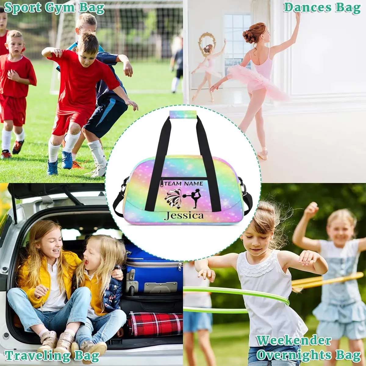 Personalised Cheer Sports Bags, Custom Cheerleader Silhouette Gym Duffle Bag Cheerleading Bags Travel Duffel Bag, Overnight Weekender Bags, Glitter Rainbow Print