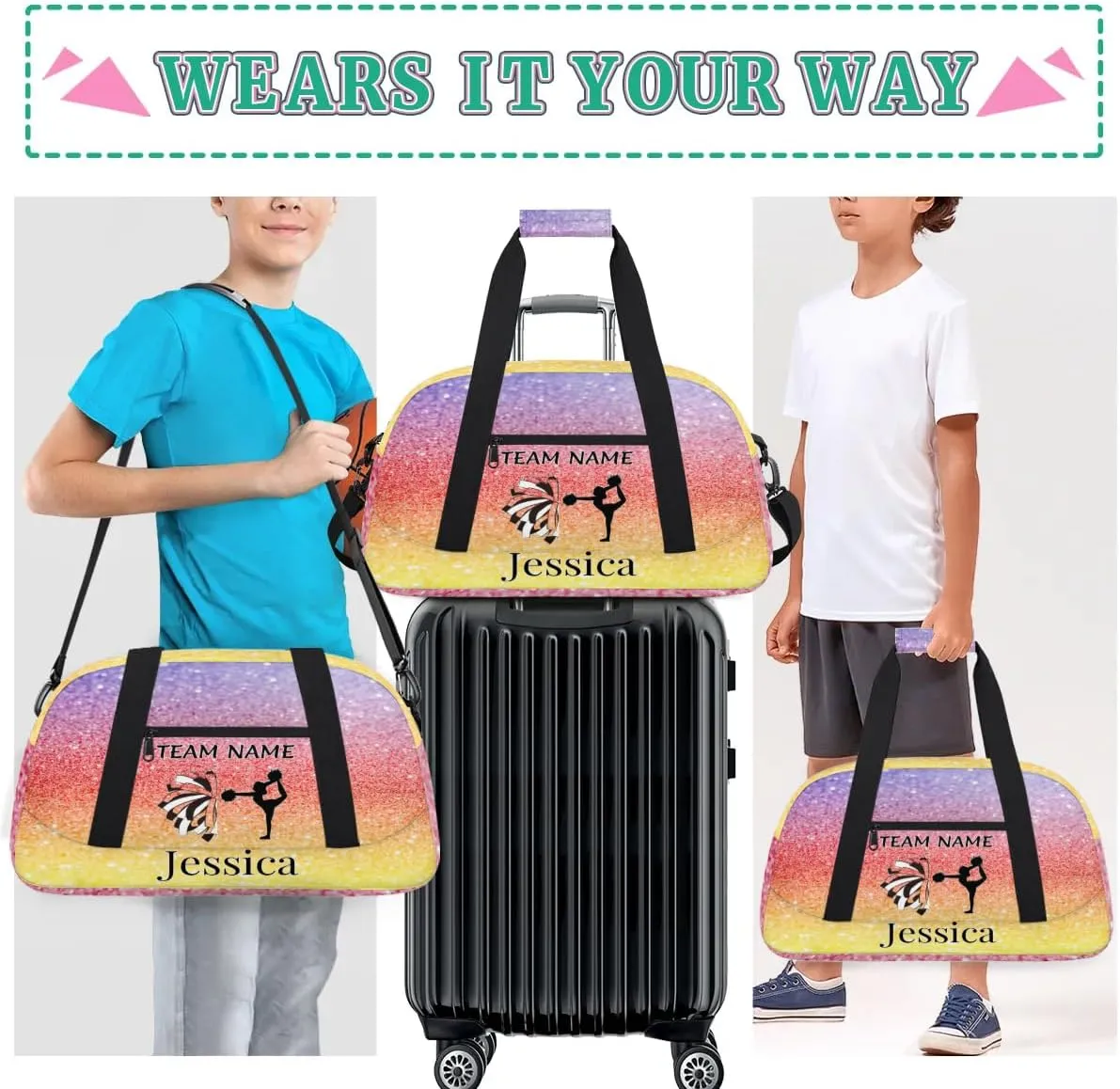 Personalised Cheer Sports Bags, Custom Cheerleader Silhouette Gym Duffle Bag Cheerleading Bags Travel Duffel Bag, Overnight Weekender Bags, Glitter Theme