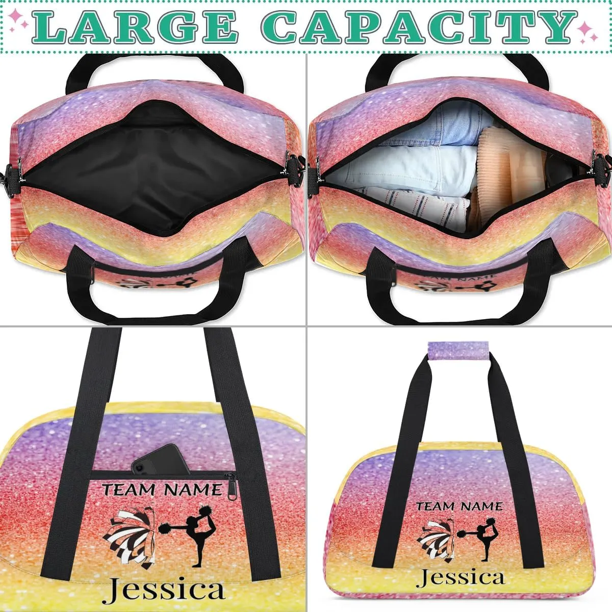 Personalised Cheer Sports Bags, Custom Cheerleader Silhouette Gym Duffle Bag Cheerleading Bags Travel Duffel Bag, Overnight Weekender Bags, Glitter Theme