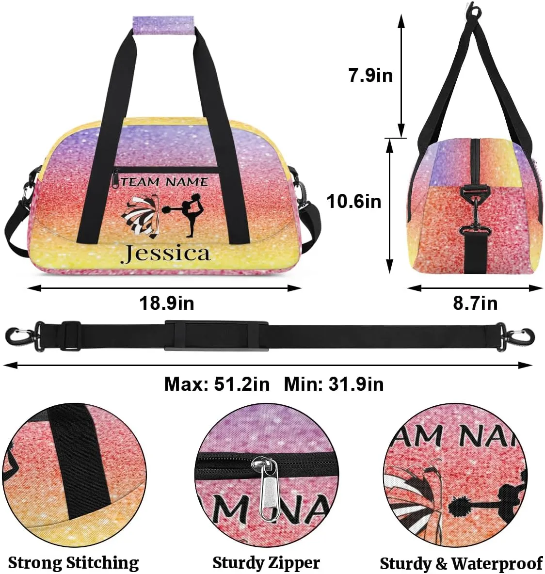 Personalised Cheer Sports Bags, Custom Cheerleader Silhouette Gym Duffle Bag Cheerleading Bags Travel Duffel Bag, Overnight Weekender Bags, Glitter Theme