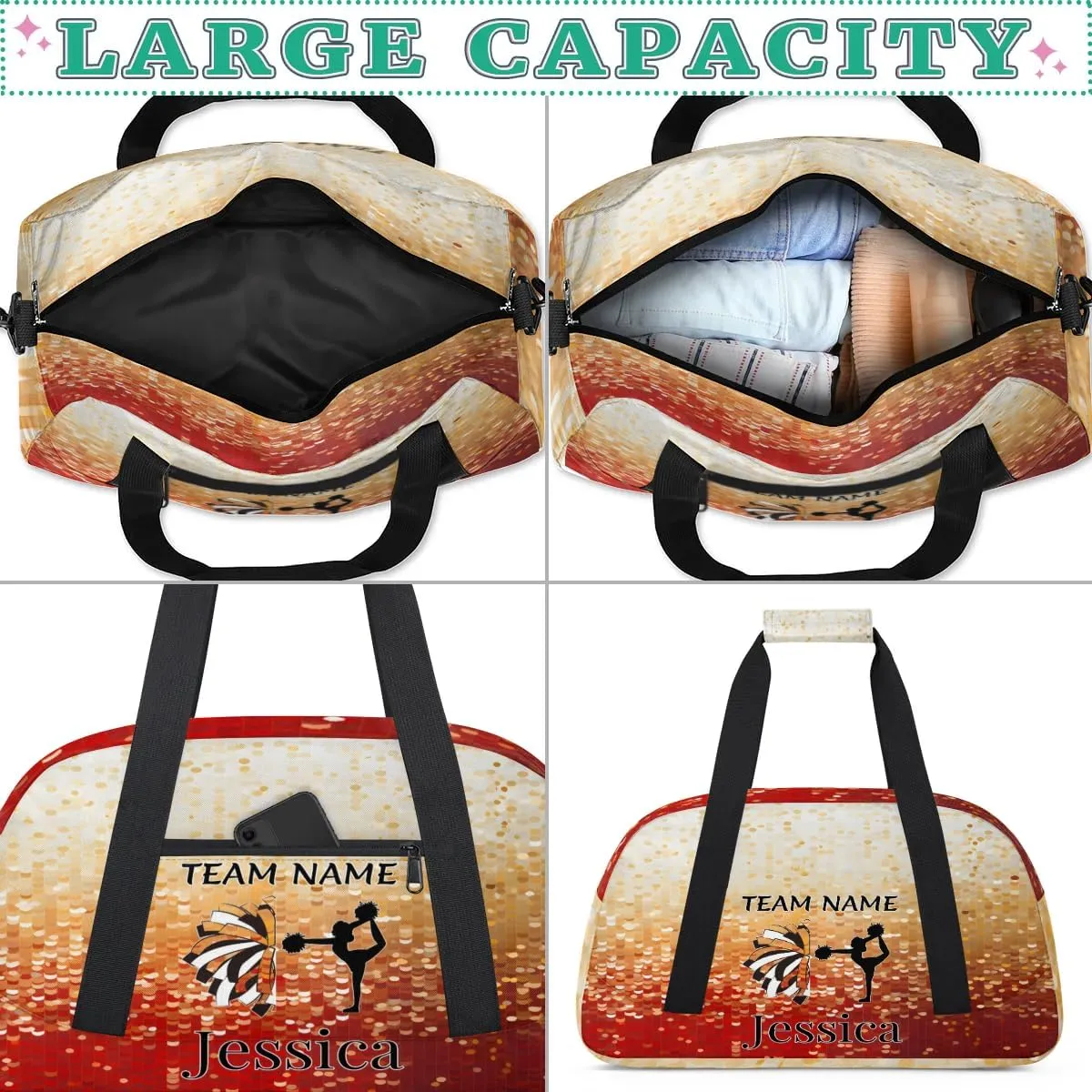 Personalised Cheer Sports Bags, Custom Cheerleader Silhouette Gym Duffle Bag Glitter Cheerleading Bags Travel Duffel Perform Training Bag, Overnight Weekender Bags