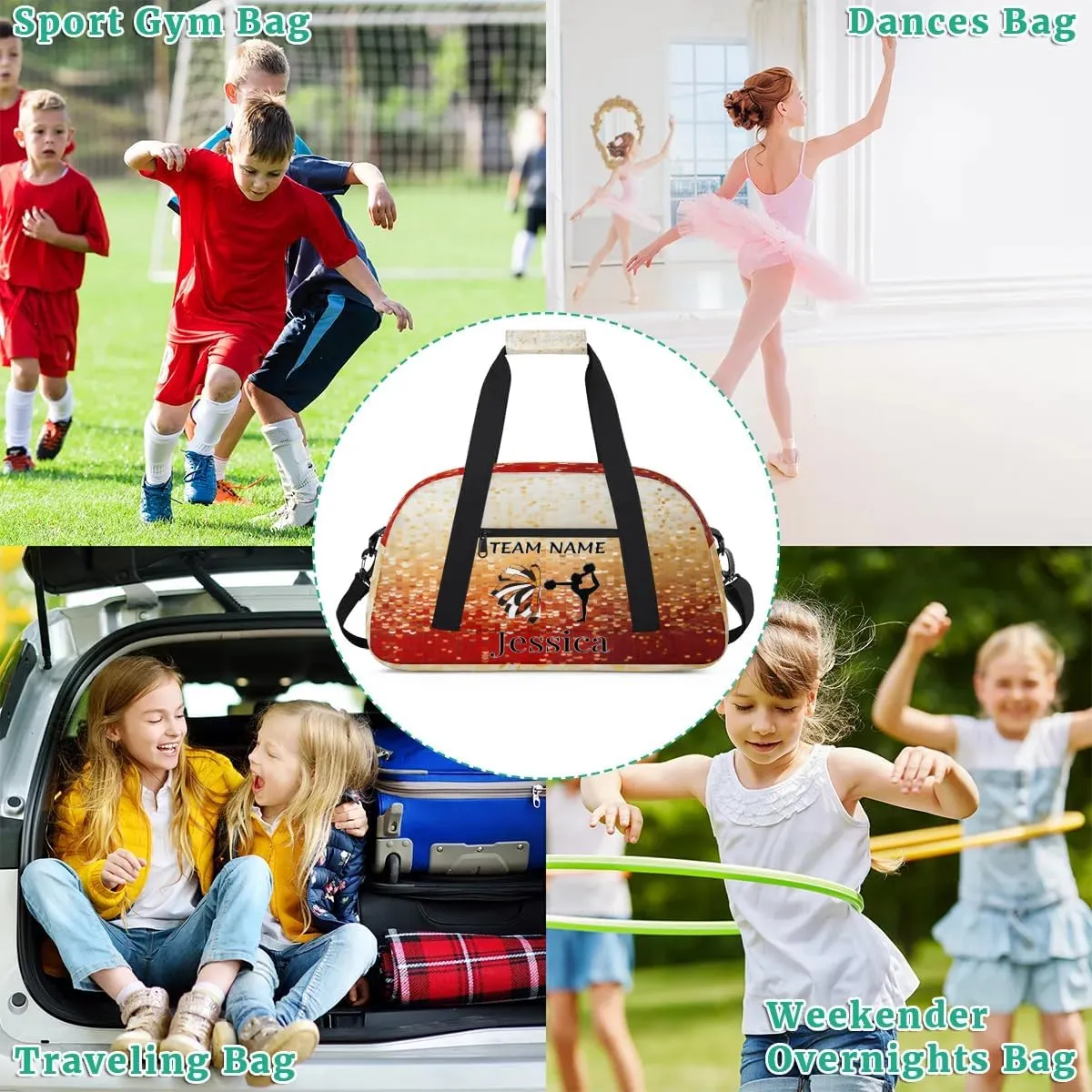 Personalised Cheer Sports Bags, Custom Cheerleader Silhouette Gym Duffle Bag Glitter Cheerleading Bags Travel Duffel Perform Training Bag, Overnight Weekender Bags