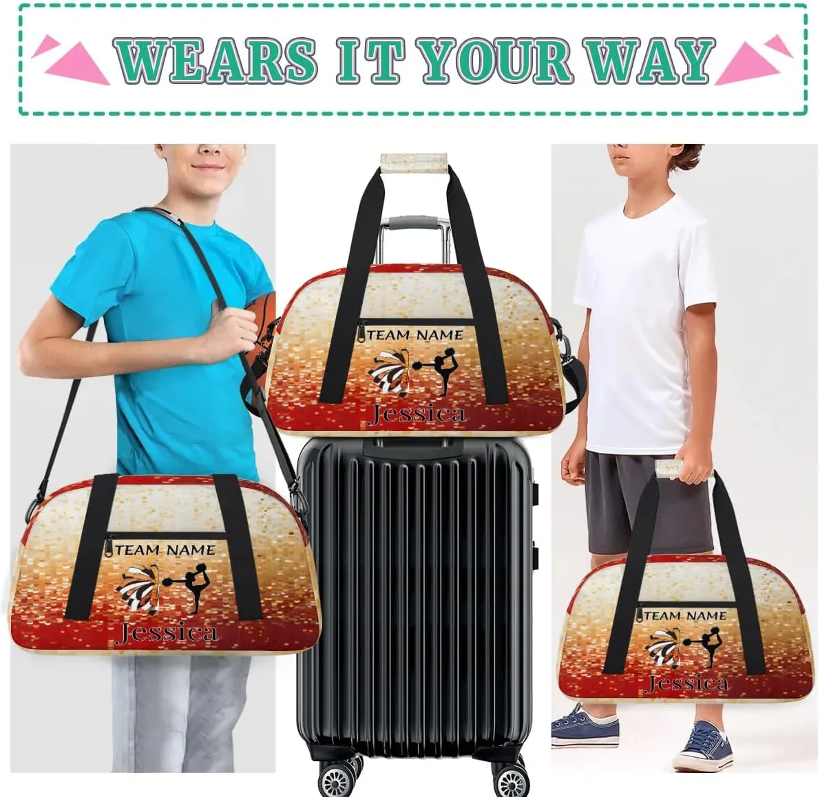 Personalised Cheer Sports Bags, Custom Cheerleader Silhouette Gym Duffle Bag Glitter Cheerleading Bags Travel Duffel Perform Training Bag, Overnight Weekender Bags