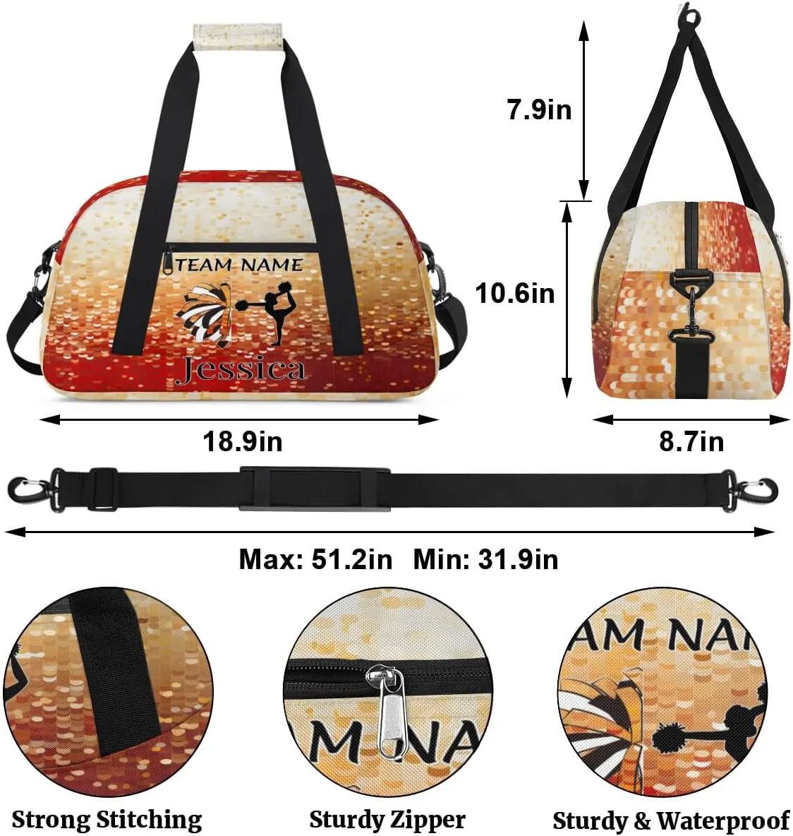 Personalised Cheer Sports Bags, Custom Cheerleader Silhouette Gym Duffle Bag Glitter Cheerleading Bags Travel Duffel Perform Training Bag, Overnight Weekender Bags