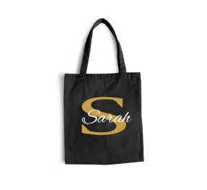 Personalised Initial And Name Black Canvas Tote Bag