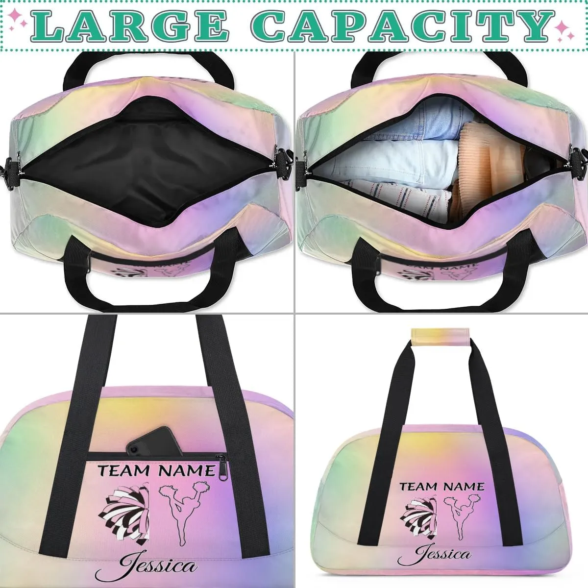 Personalised Name Cheer Bags, Custom Dancing Sports Duffle Bag Gym Cheerleading Bags Travel Duffel Perform Training Bag, Cheerleader Silhouette Overnight Weekender Bags, Colourful Glitters