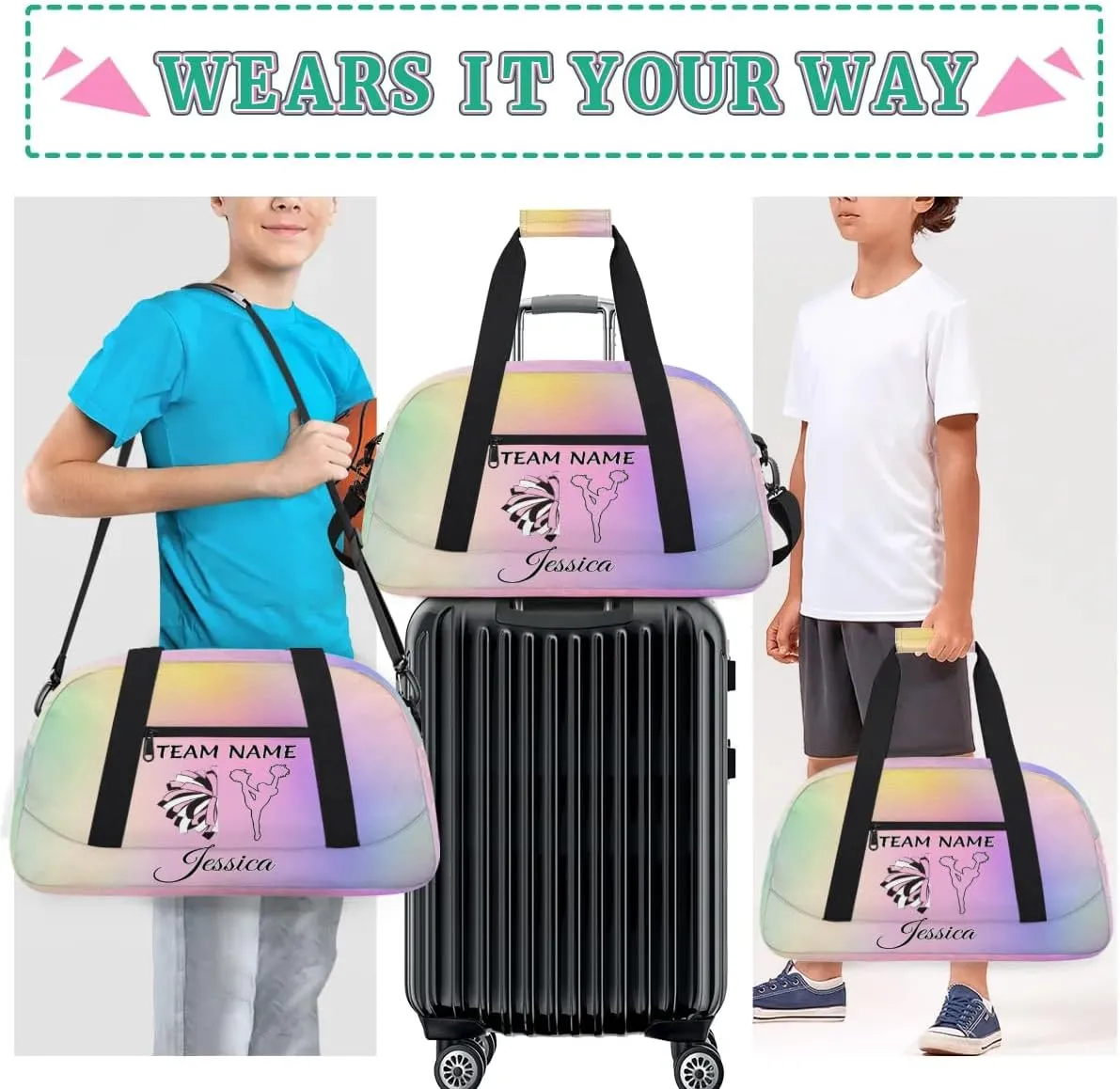 Personalised Name Cheer Bags, Custom Dancing Sports Duffle Bag Gym Cheerleading Bags Travel Duffel Perform Training Bag, Cheerleader Silhouette Overnight Weekender Bags, Colourful Glitters