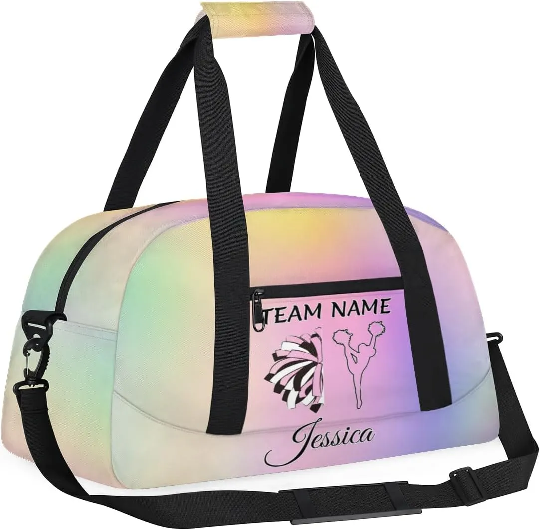 Personalised Name Cheer Bags, Custom Dancing Sports Duffle Bag Gym Cheerleading Bags Travel Duffel Perform Training Bag, Cheerleader Silhouette Overnight Weekender Bags, Colourful Glitters