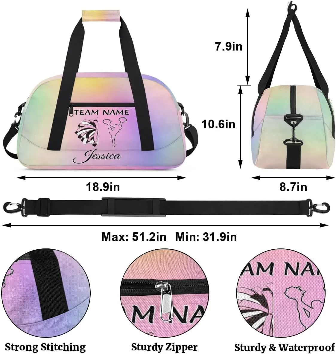 Personalised Name Cheer Bags, Custom Dancing Sports Duffle Bag Gym Cheerleading Bags Travel Duffel Perform Training Bag, Cheerleader Silhouette Overnight Weekender Bags, Colourful Glitters
