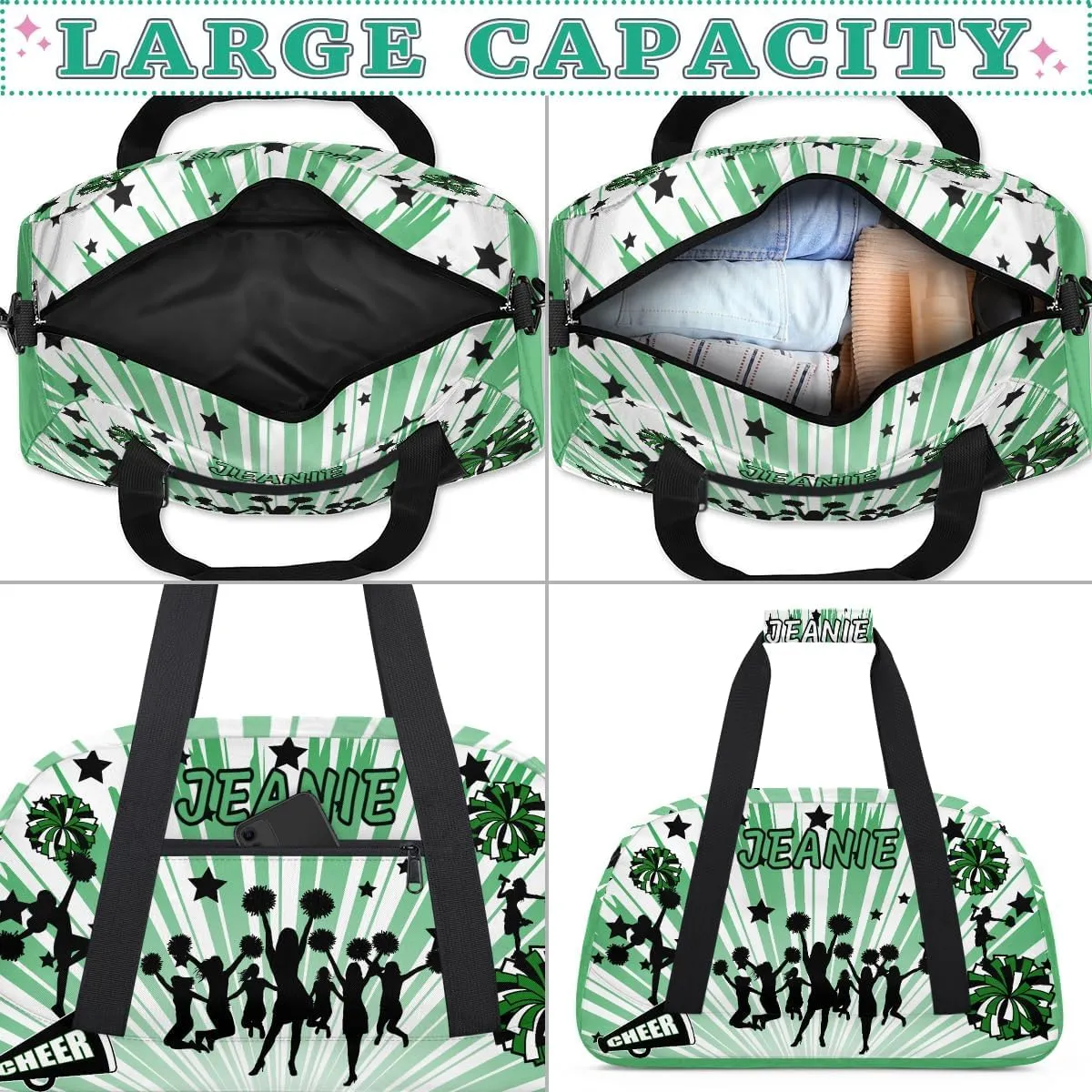 Personalize Cheer Duffel Bags with Custom Name & Text Sport Dance Gym Bags Garment Bags for Girls Kids Cheerleaders Overnight Weekender Travel Indigo Glow 2
