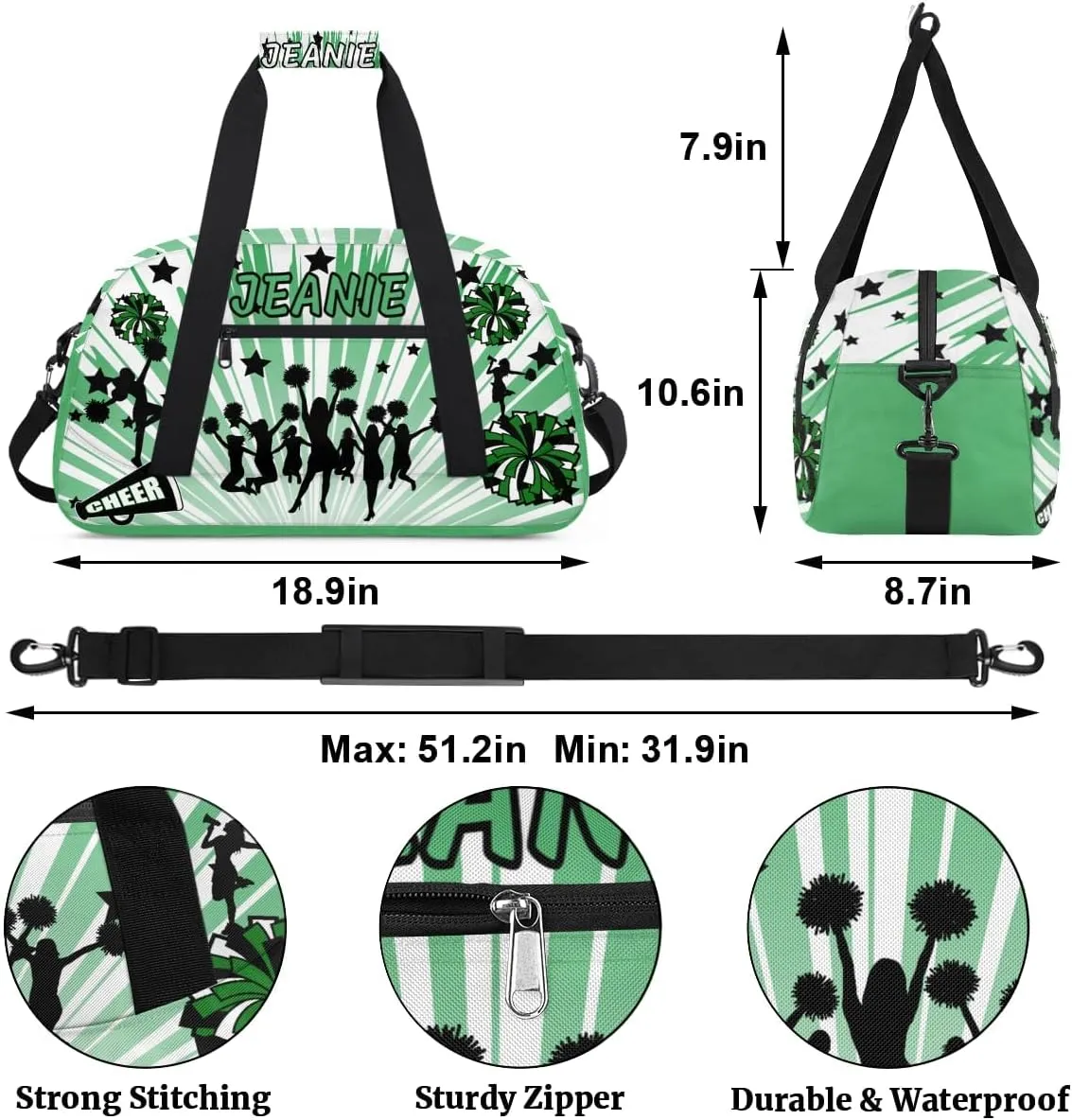 Personalize Cheer Duffel Bags with Custom Name & Text Sport Dance Gym Bags Garment Bags for Girls Kids Cheerleaders Overnight Weekender Travel Indigo Glow 2