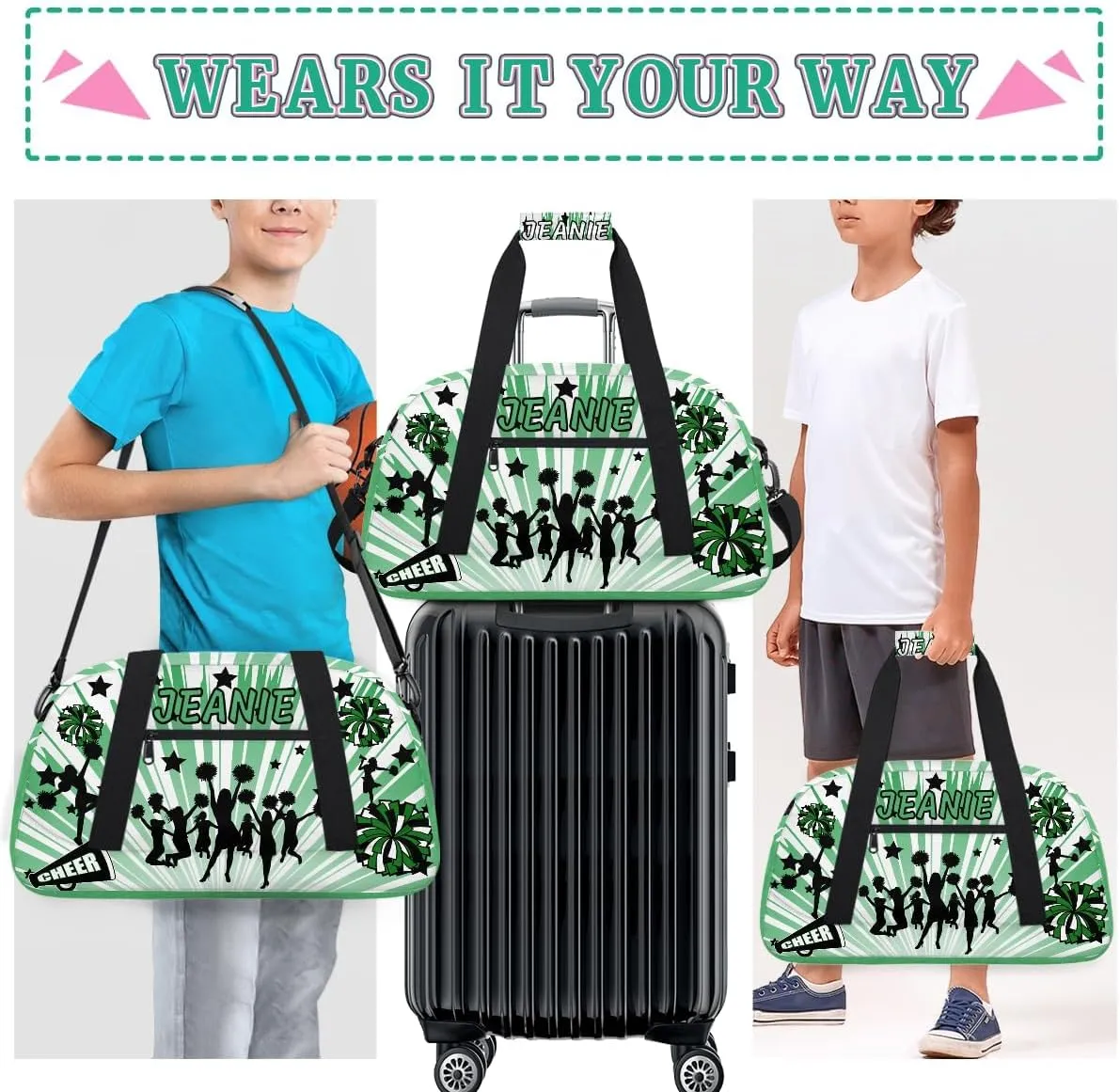 Personalize Cheer Duffel Bags with Custom Name & Text Sport Dance Gym Bags Garment Bags for Girls Kids Cheerleaders Overnight Weekender Travel Indigo Glow 2