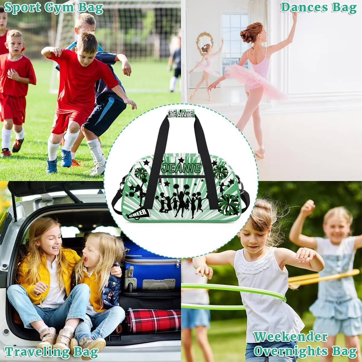 Personalize Cheer Duffel Bags with Custom Name & Text Sport Dance Gym Bags Garment Bags for Girls Kids Cheerleaders Overnight Weekender Travel Indigo Glow 2
