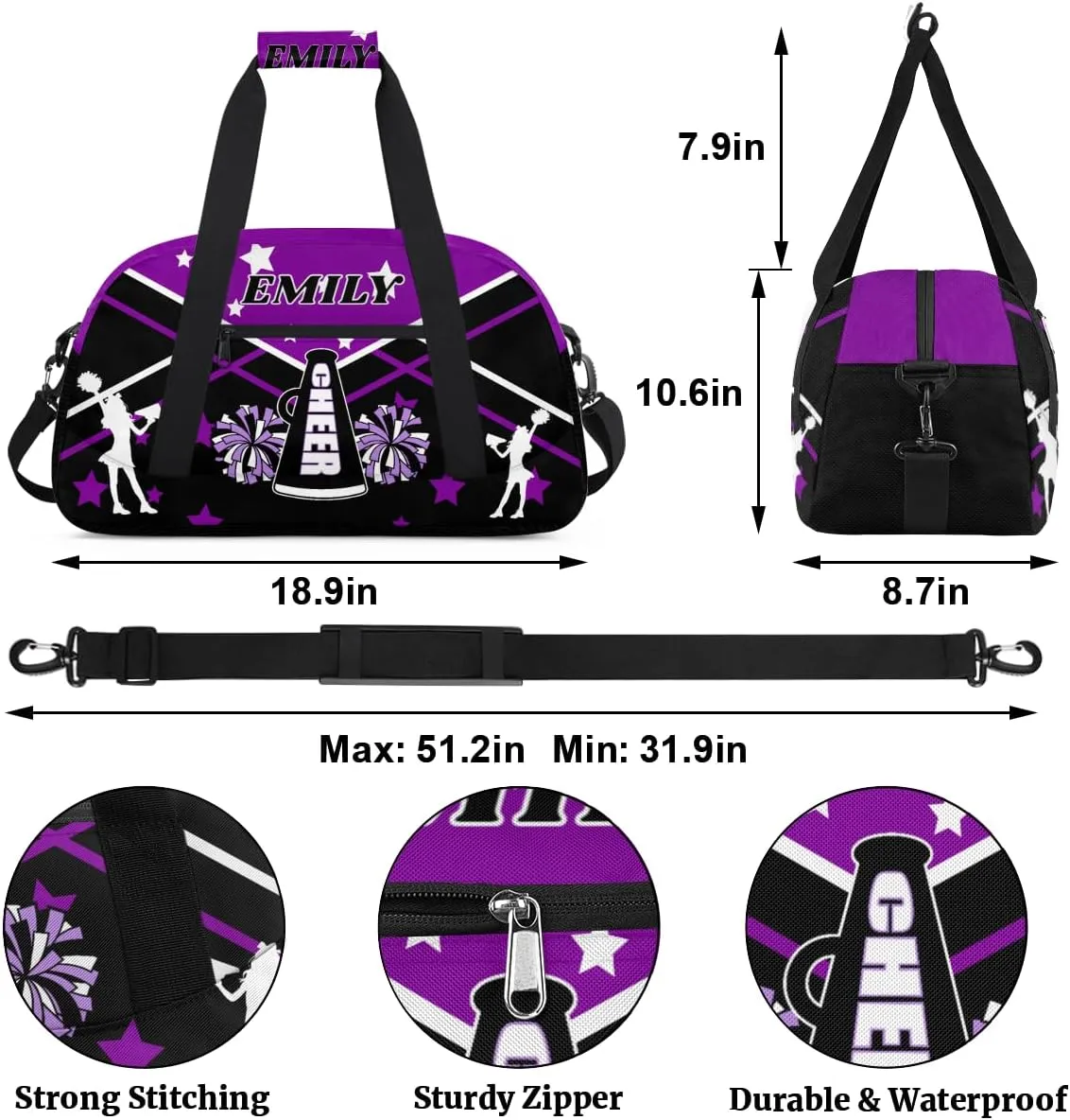 Personalize Cheer Duffel Bags with Custom Name & Text Sport Dance Gym Bags Garment Bags for Girls Kids Cheerleaders Overnight Weekender Travel Purple Black Star