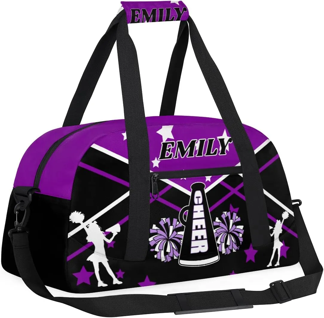 Personalize Cheer Duffel Bags with Custom Name & Text Sport Dance Gym Bags Garment Bags for Girls Kids Cheerleaders Overnight Weekender Travel Purple Black Star