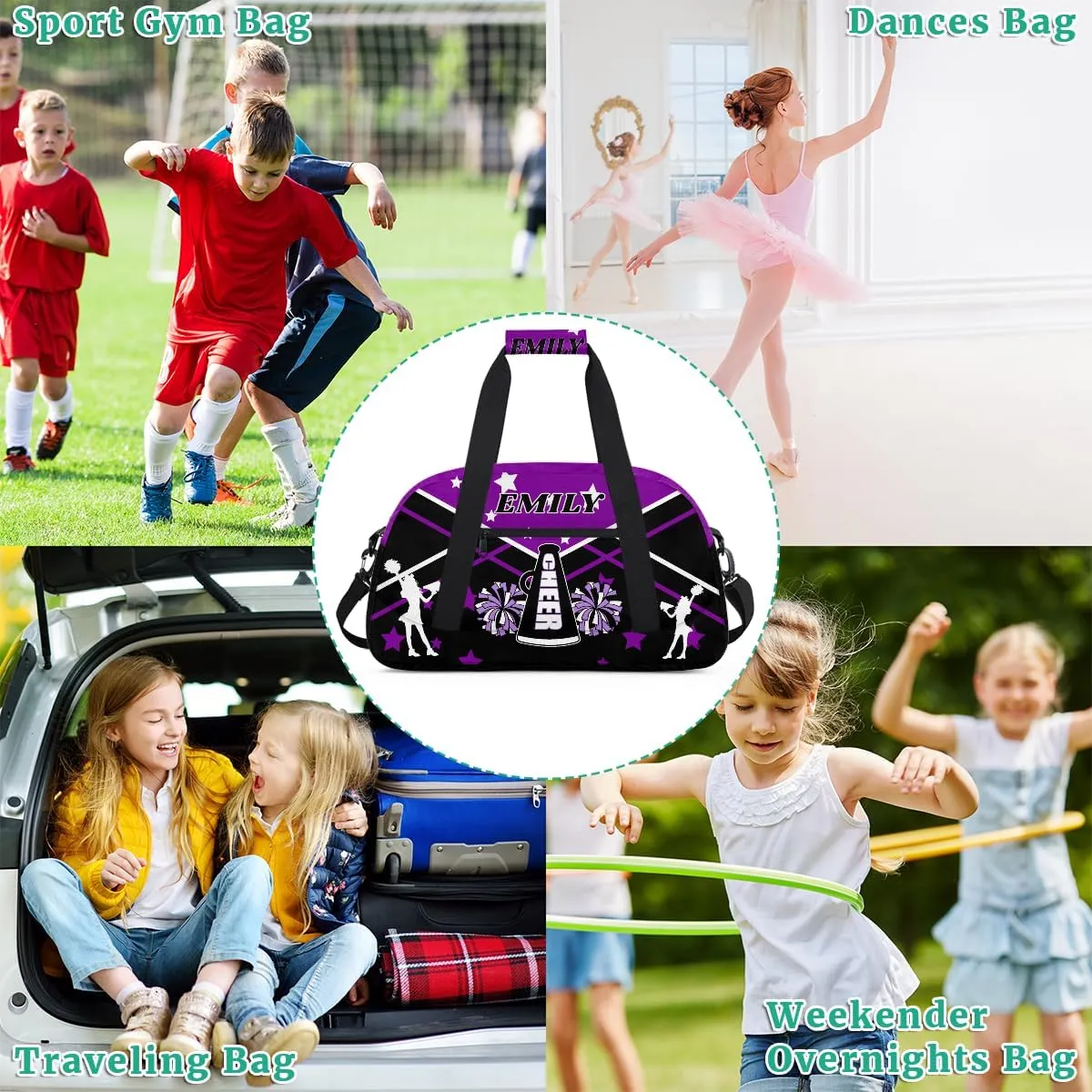 Personalize Cheer Duffel Bags with Custom Name & Text Sport Dance Gym Bags Garment Bags for Girls Kids Cheerleaders Overnight Weekender Travel Purple Black Star