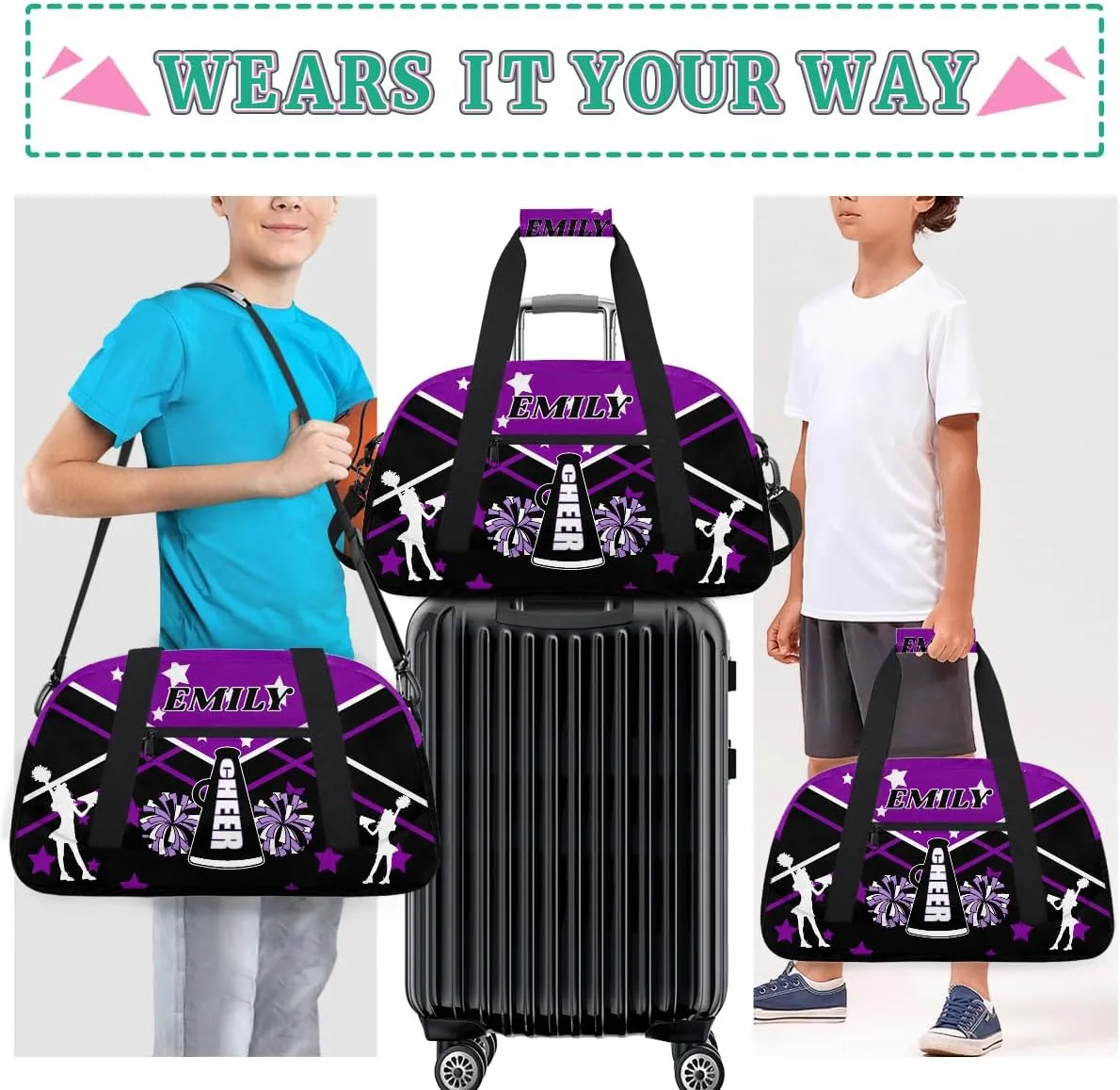 Personalize Cheer Duffel Bags with Custom Name & Text Sport Dance Gym Bags Garment Bags for Girls Kids Cheerleaders Overnight Weekender Travel Purple Black Star