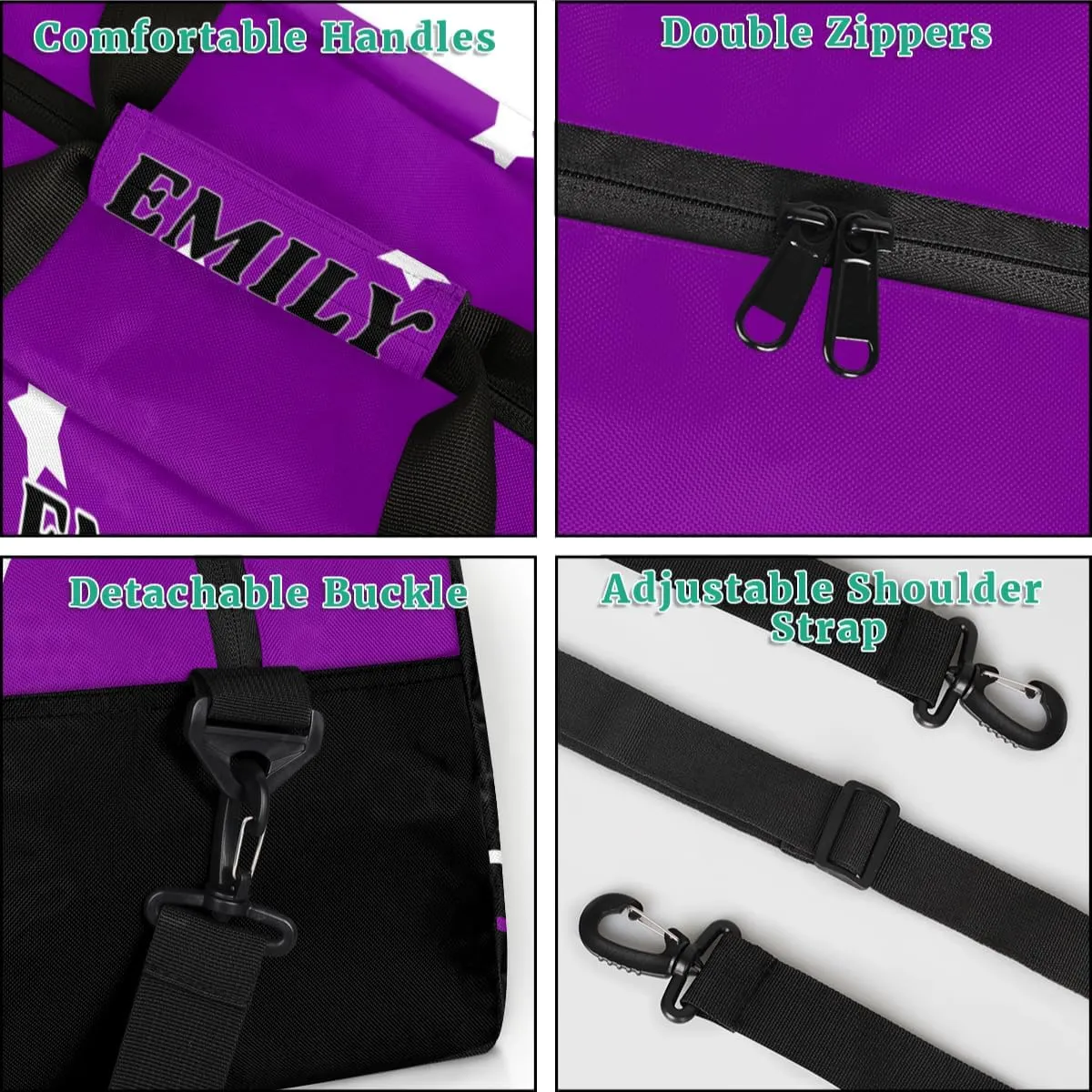 Personalize Cheer Duffel Bags with Custom Name & Text Sport Dance Gym Bags Garment Bags for Girls Kids Cheerleaders Overnight Weekender Travel Purple Black Star