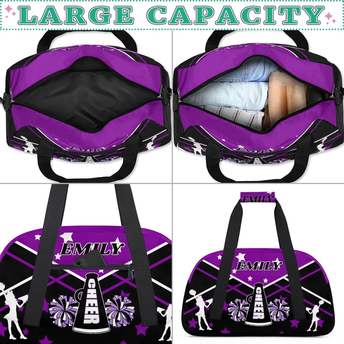 Personalize Cheer Duffel Bags with Custom Name & Text Sport Dance Gym Bags Garment Bags for Girls Kids Cheerleaders Overnight Weekender Travel Purple Black Star