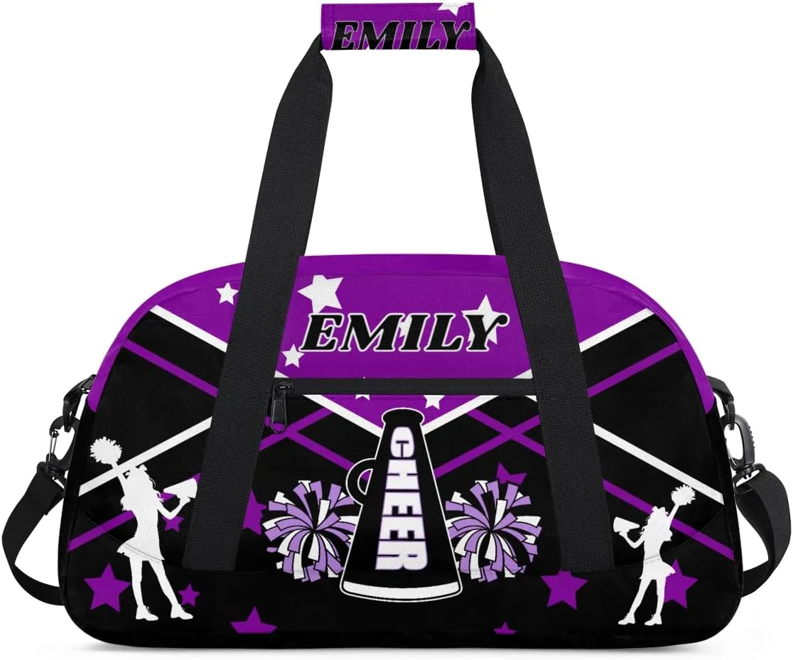 Personalize Cheer Duffel Bags with Custom Name & Text Sport Dance Gym Bags Garment Bags for Girls Kids Cheerleaders Overnight Weekender Travel Purple Black Star