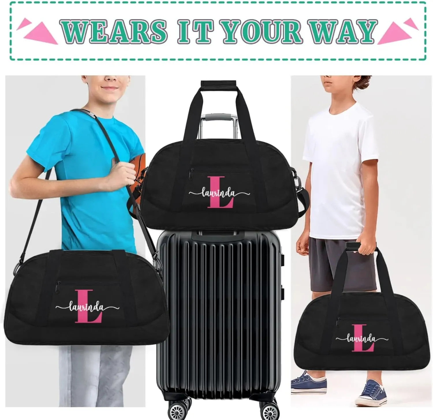 Personalize-Kids-Black-Duffel-Bags With Custom Initial Name Dance-Sports-Bags Lightweight Carry-On Overnight Travel Gym for Girls Boys