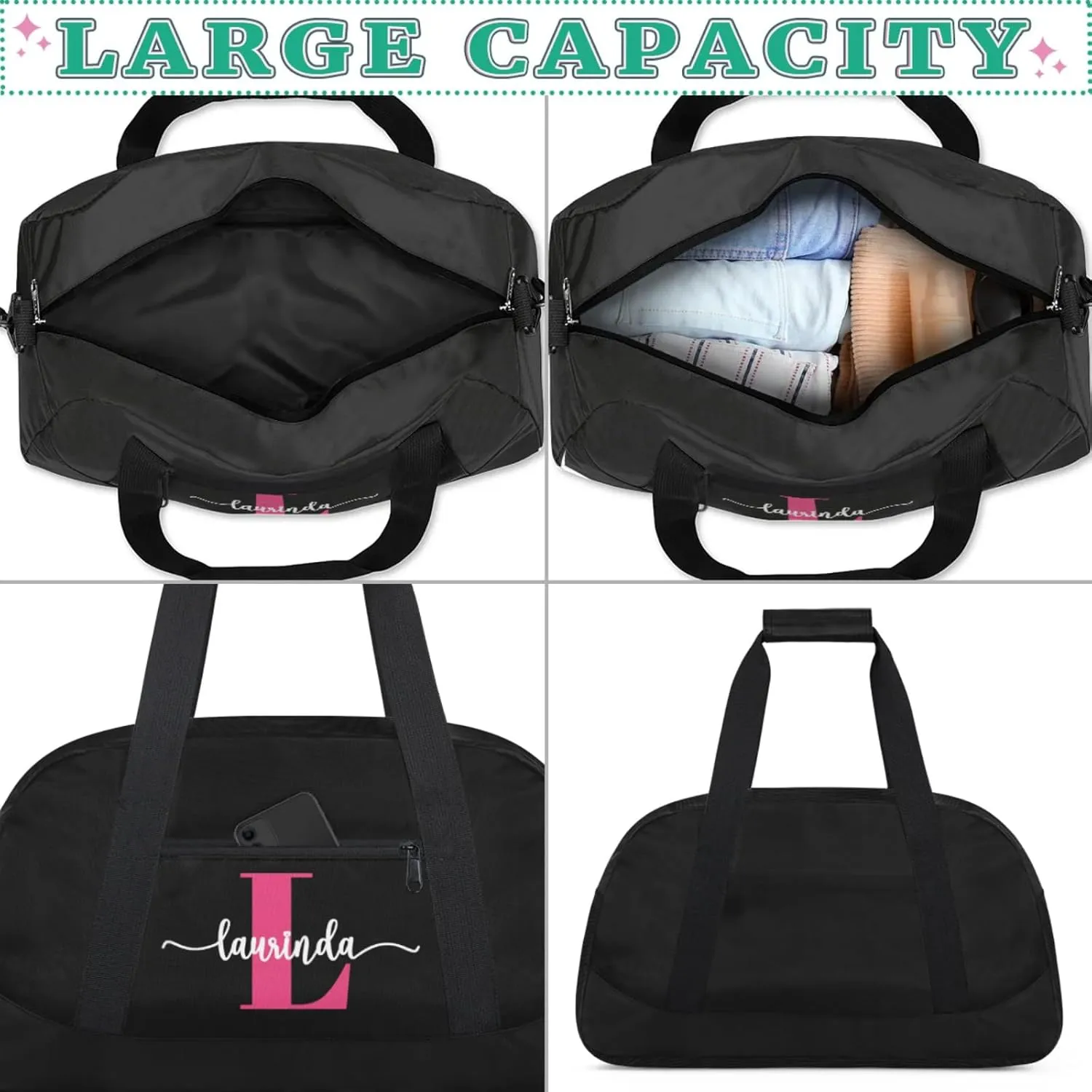 Personalize-Kids-Black-Duffel-Bags With Custom Initial Name Dance-Sports-Bags Lightweight Carry-On Overnight Travel Gym for Girls Boys