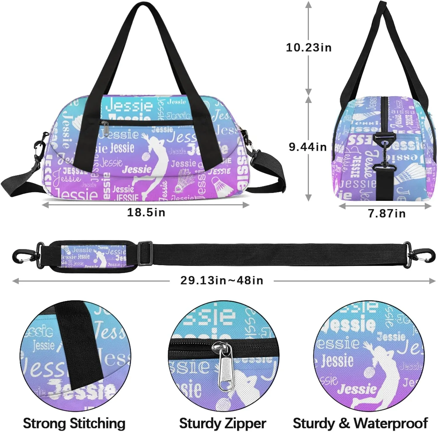 Personalized Badminton Sport Duffel Bag Custom Sports Bag Travel Overnight Shoulder Bags Customized Gifts for Women Men, Blue Purple