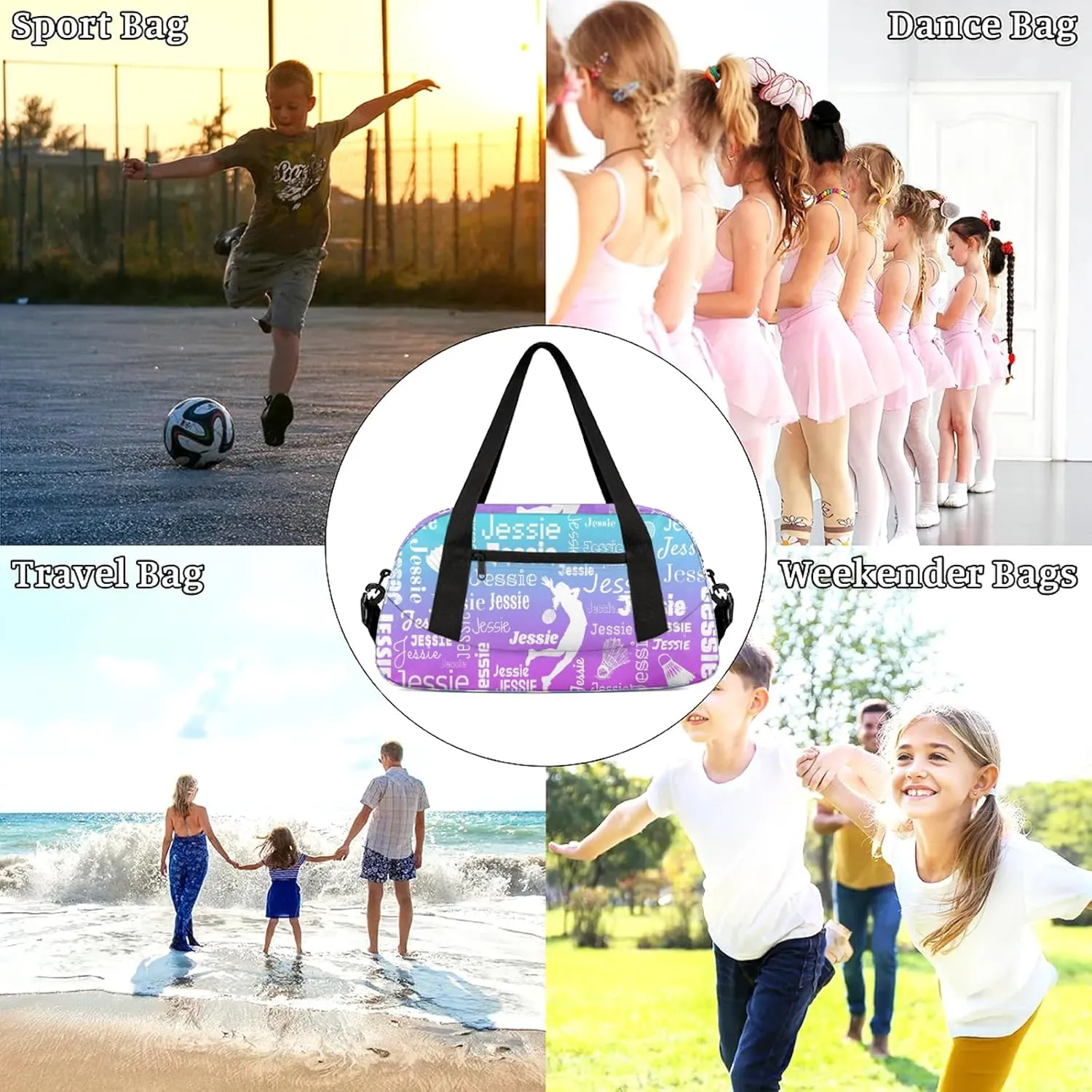 Personalized Badminton Sport Duffel Bag Custom Sports Bag Travel Overnight Shoulder Bags Customized Gifts for Women Men, Blue Purple