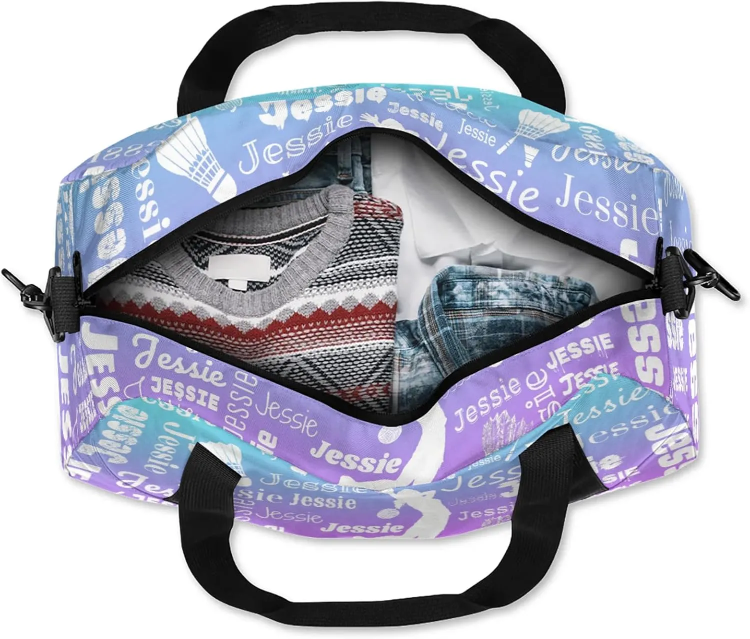 Personalized Badminton Sport Duffel Bag Custom Sports Bag Travel Overnight Shoulder Bags Customized Gifts for Women Men, Blue Purple