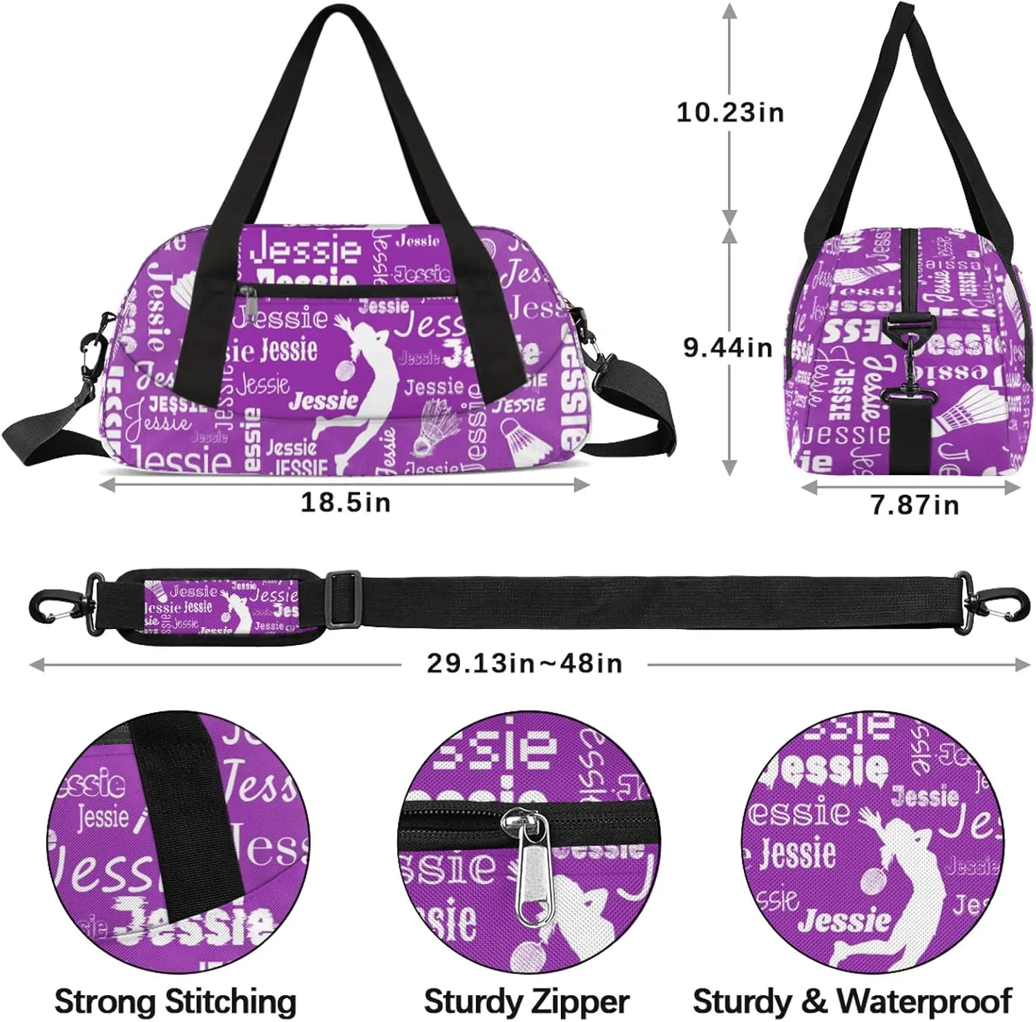 Personalized Badminton Sport Duffel Bag Custom Sports Bag Travel Overnight Shoulder Bags Customized Gifts for Women Men, Dark Purple