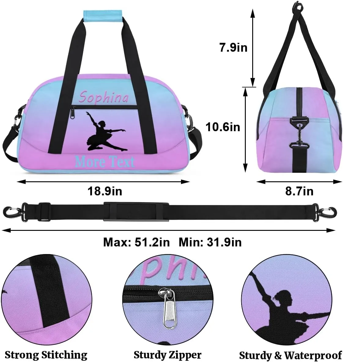 Personalized ballet Bag with Name Custom Sport Duffle Bag Overnight Bag Sleepover bag travel bag Weekender Bags Workout Bag for Dance ballet Gift purple blue ballet