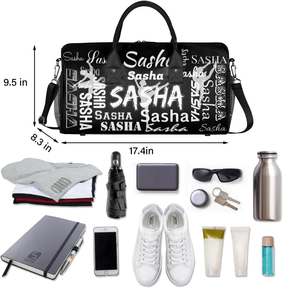 Personalized Ballet Dance Bags, Custom Travel Duffle Bag Custom Gym Bag Dancer Bag Customized Sport Bag with Name, Overnight Weekender Bags, Black