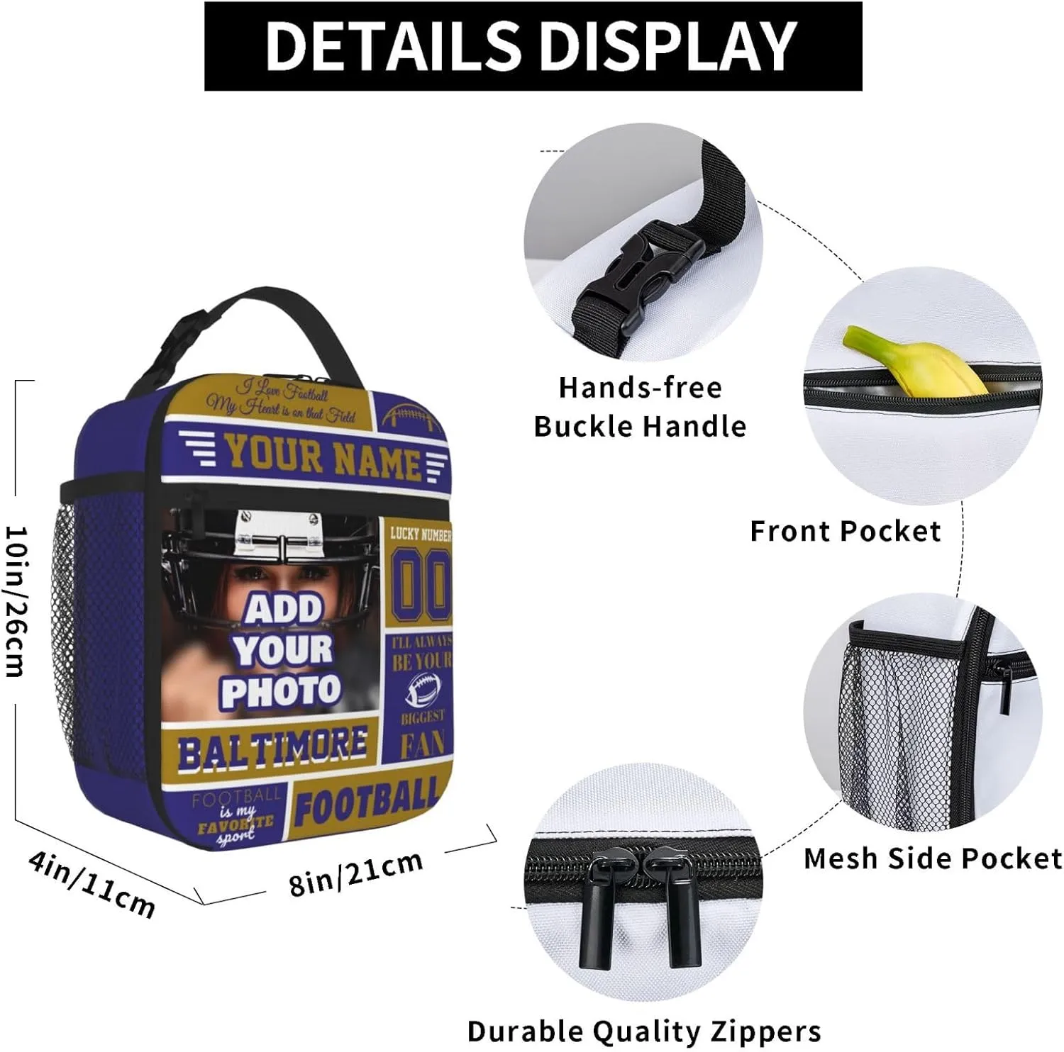 Personalized Baltimore Lunch Bag for Men Women, Custom Any Name and Number Lunch Bags, Customized Insulated Lunch Box Tote Bags for Work Picnic Travel