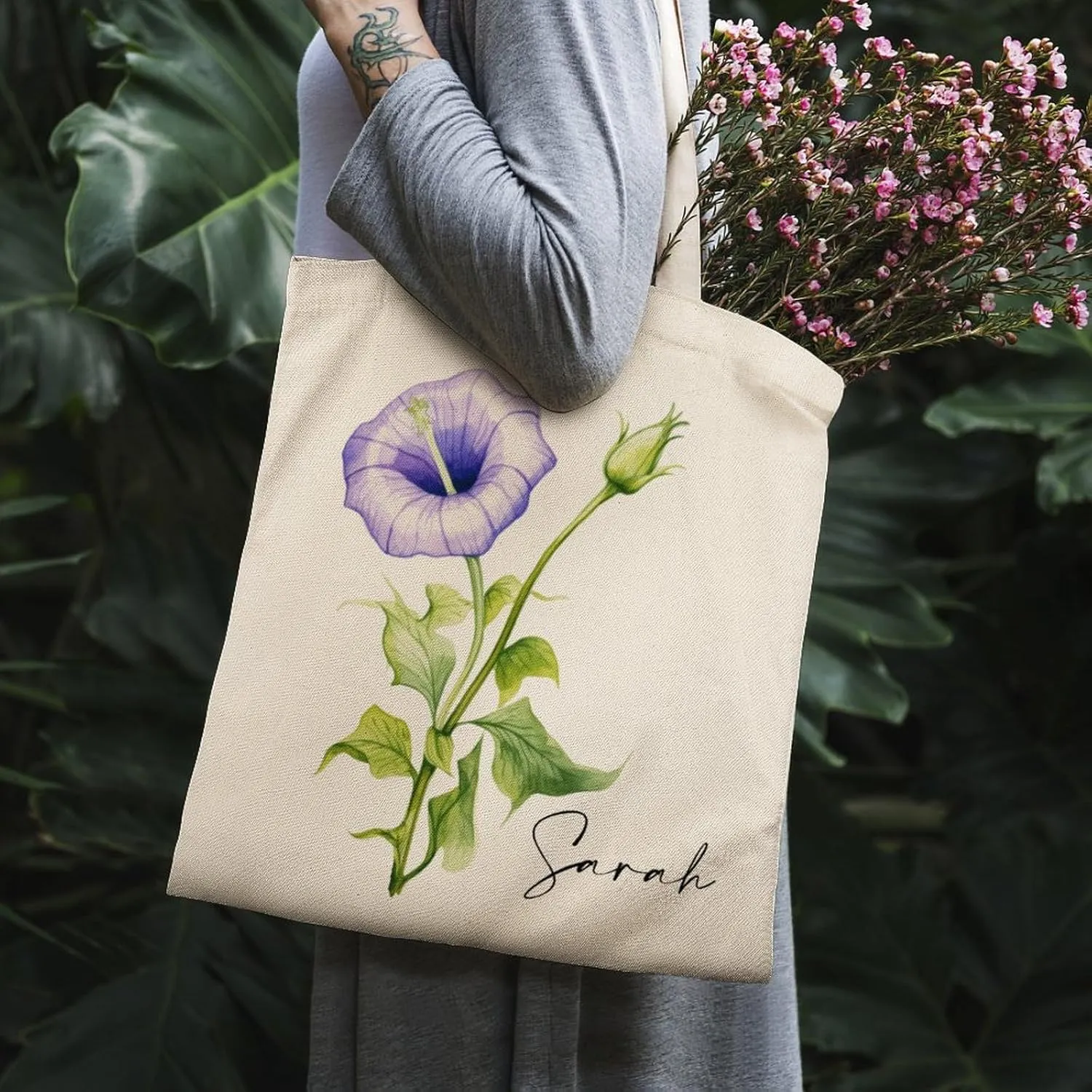Personalized Birth Month Flower Tote Bags