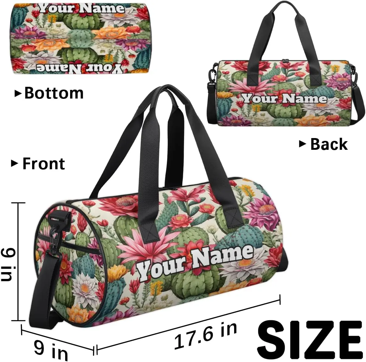 Personalized Cactus Flower Sport Gym Bag, Custom Name Duffel Bags for Men, Waterproof Custom Sport Duffel Bag, Gymnastics Dance, Cactus