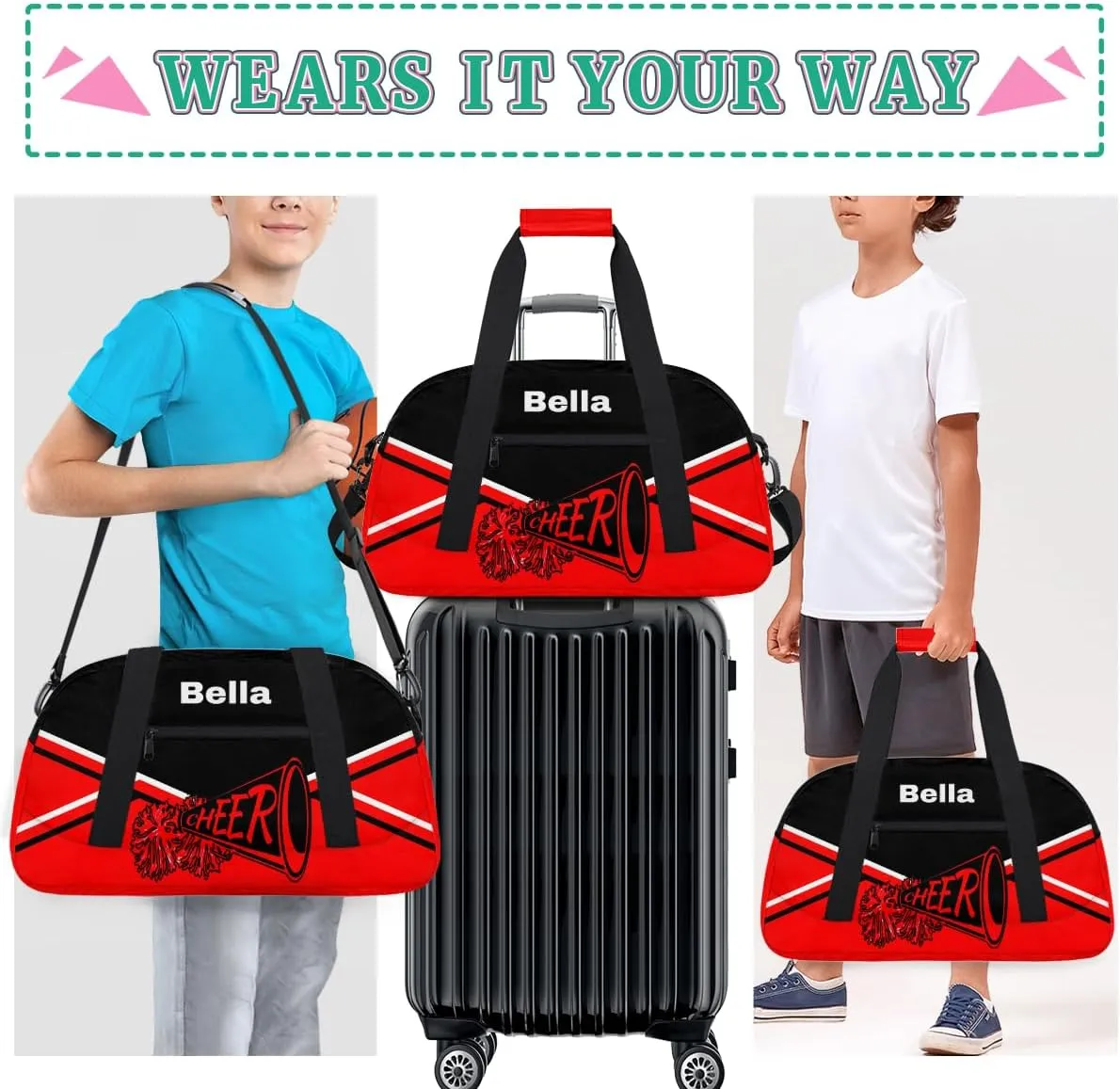 Personalized Cheer Bag Dance Bag for Girls, Personalized Custom Kids Duffle Bags, Custom Sports Gym Bag Weekender Overnight Bag Travel Duffel Bag for Kids Teen, Cheer Red Background