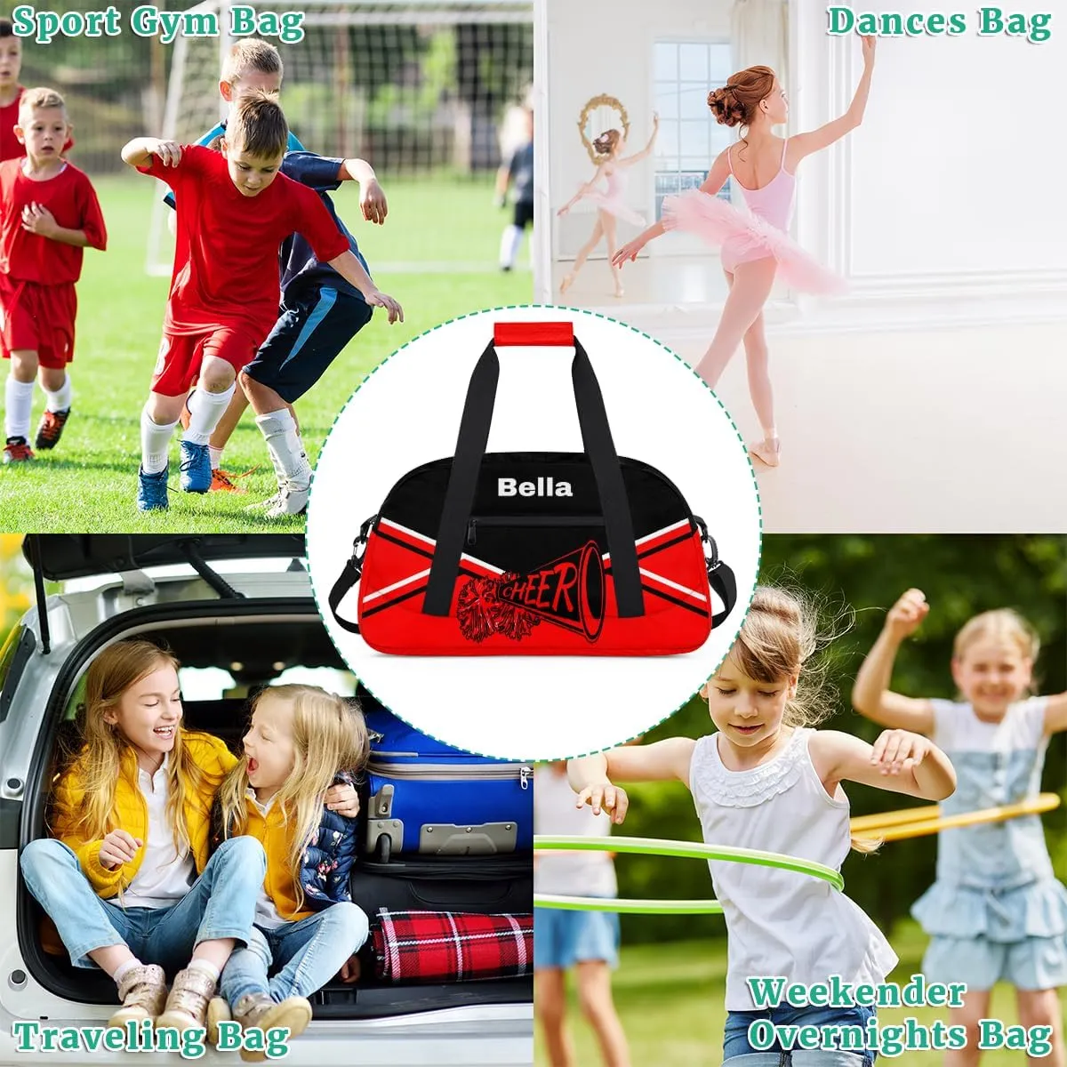 Personalized Cheer Bag Dance Bag for Girls, Personalized Custom Kids Duffle Bags, Custom Sports Gym Bag Weekender Overnight Bag Travel Duffel Bag for Kids Teen, Cheer Red Background