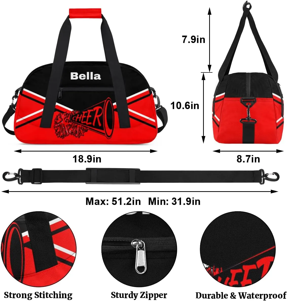 Personalized Cheer Bag Dance Bag for Girls, Personalized Custom Kids Duffle Bags, Custom Sports Gym Bag Weekender Overnight Bag Travel Duffel Bag for Kids Teen, Cheer Red Background
