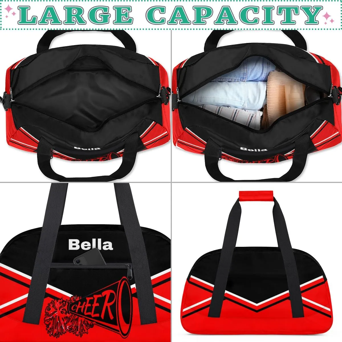 Personalized Cheer Bag Dance Bag for Girls, Personalized Custom Kids Duffle Bags, Custom Sports Gym Bag Weekender Overnight Bag Travel Duffel Bag for Kids Teen, Cheer Red Background