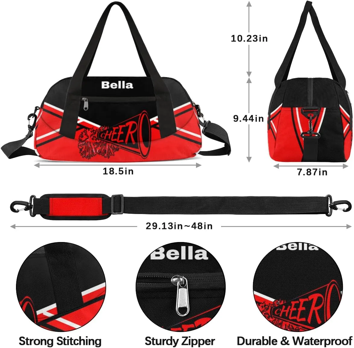 Personalized Cheer Bag Dance Bag for Girls, Personalized Custom Kids Duffle Bags, Customized Sports Gym Bag Weekender Overnight Bag Travel Duffel Bag, Red Black Aztec Background Cheer