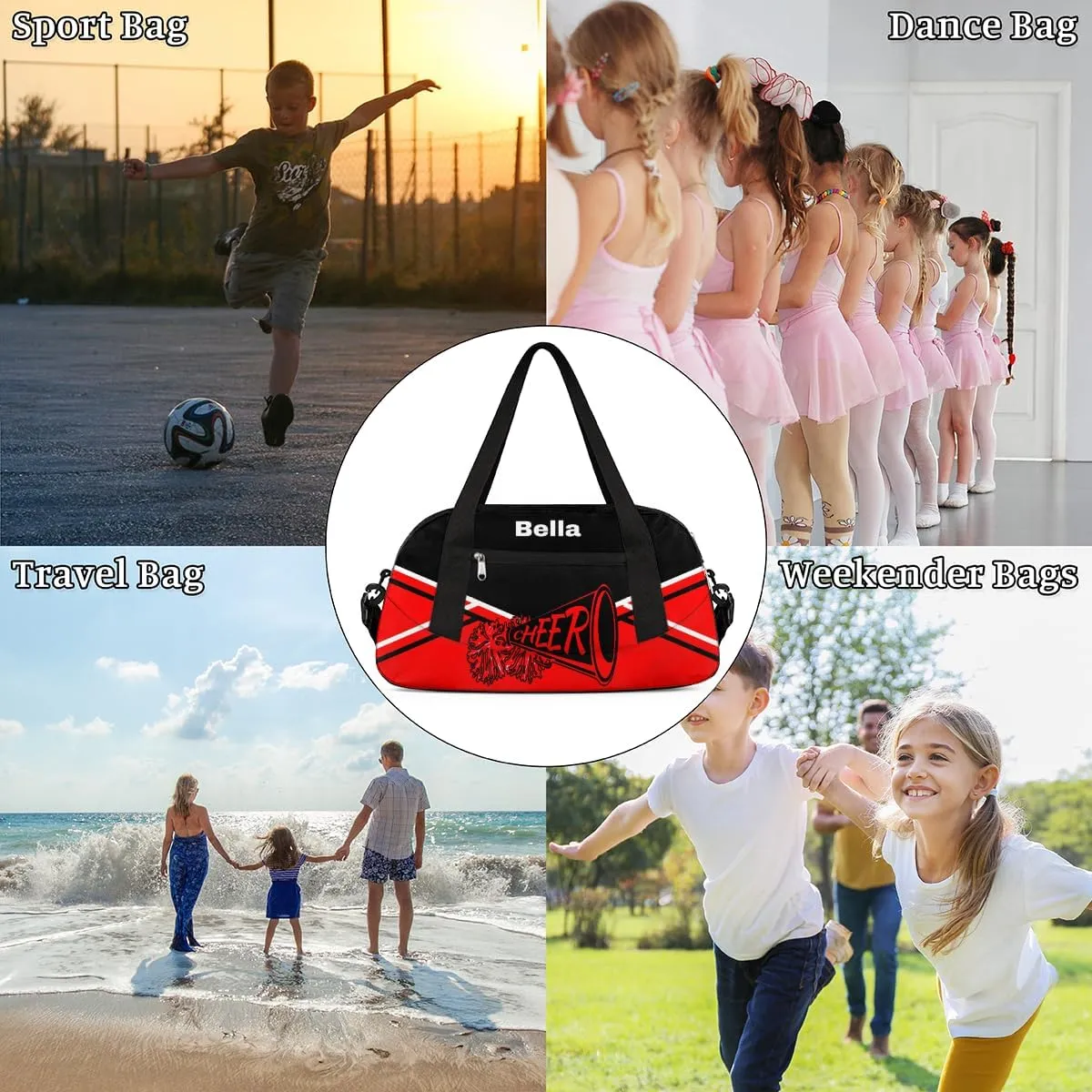 Personalized Cheer Bag Dance Bag for Girls, Personalized Custom Kids Duffle Bags, Customized Sports Gym Bag Weekender Overnight Bag Travel Duffel Bag, Red Black Aztec Background Cheer