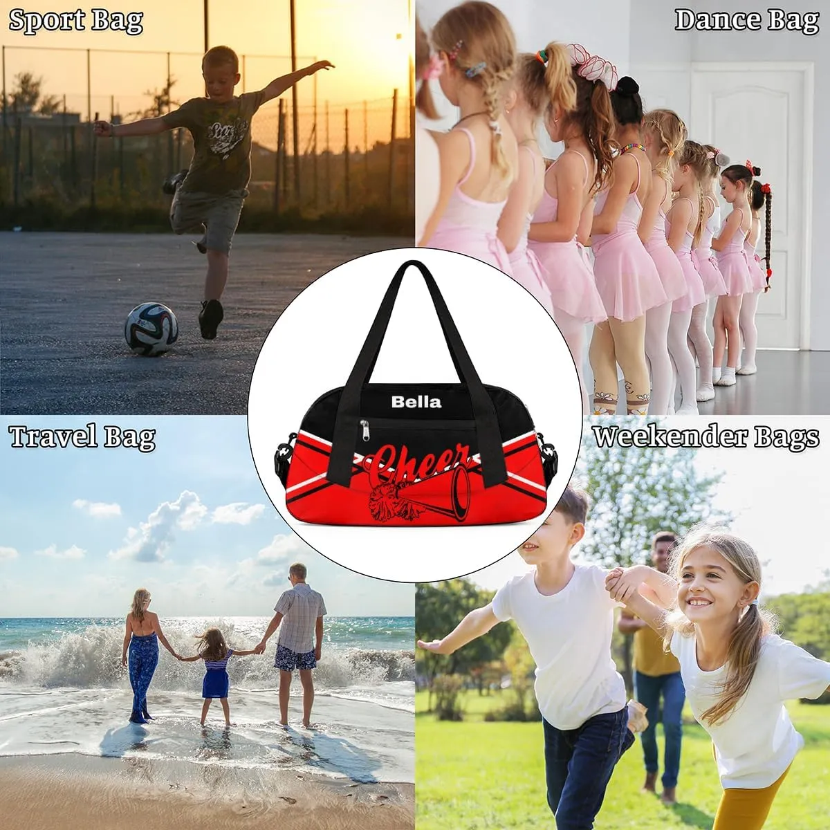 Personalized Cheer Bag Dance Bag for Girls, Personalized Custom Kids Duffle Bags, Customized Sports Gym Bag Weekender Overnight Bag Travel Duffel Bag, Red Black Aztec Background Cheerleading