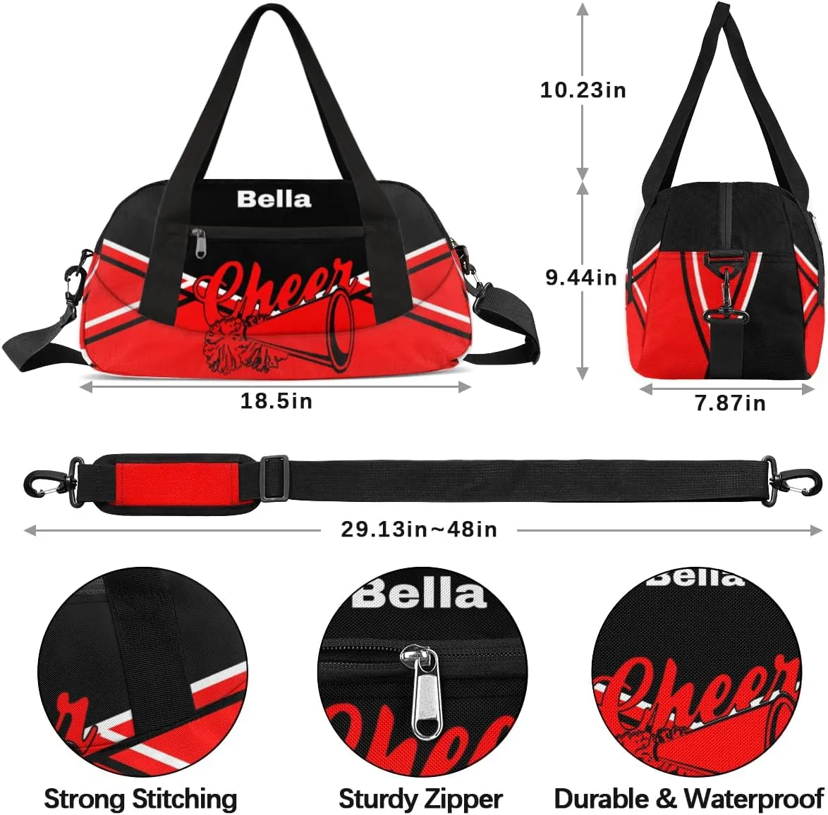 Personalized Cheer Bag Dance Bag for Girls, Personalized Custom Kids Duffle Bags, Customized Sports Gym Bag Weekender Overnight Bag Travel Duffel Bag, Red Black Aztec Background Cheerleading