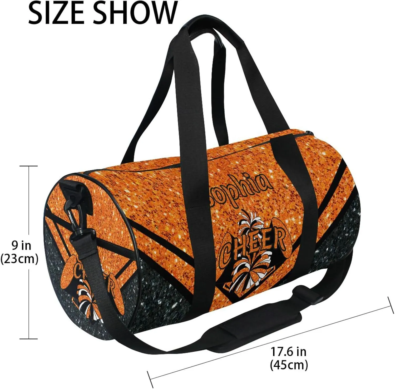 Personalized Cheer Bag Girl Sport Cheer Duffel Bag, Custom Kids Gym Bag, Overnight Weekender Travel Duffle Bags,Oranges Glitter, Customize Cheer Bags for Cheerleaders Gifts