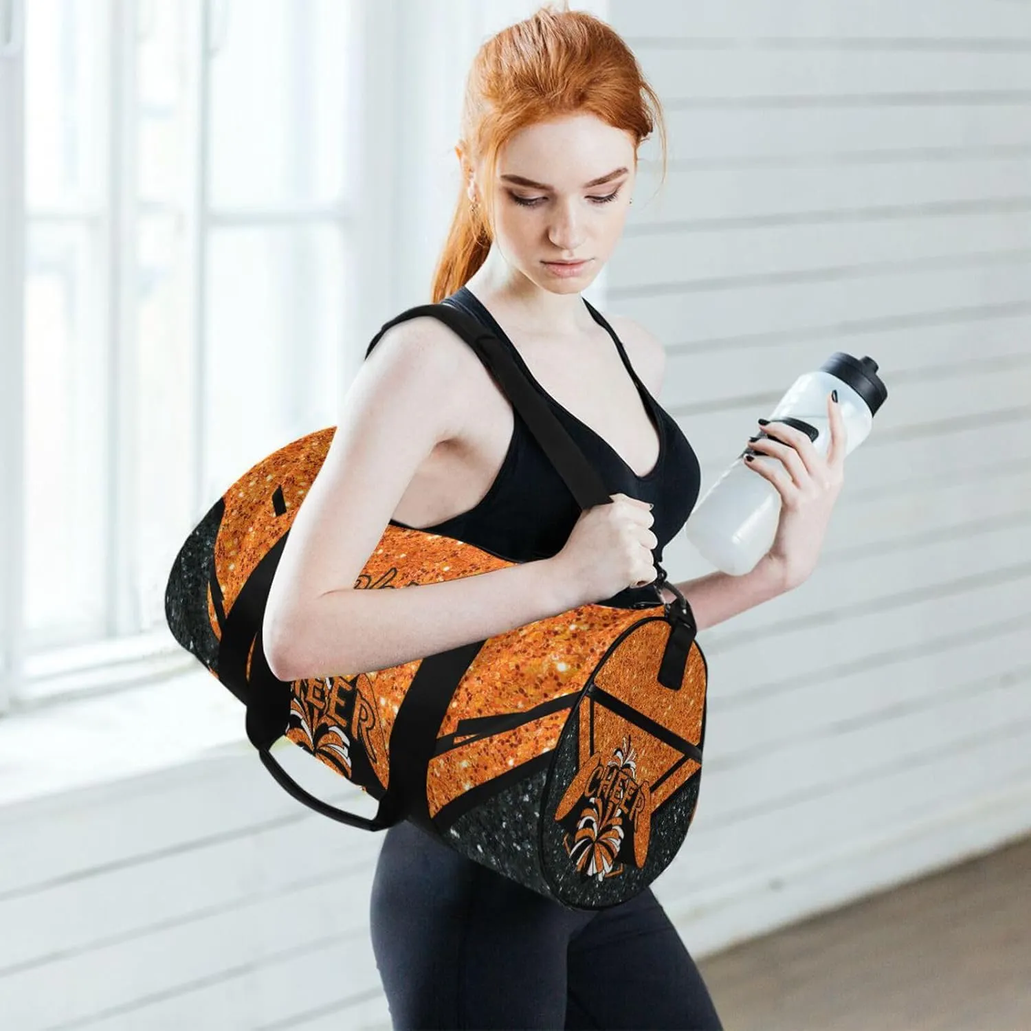 Personalized Cheer Bag Girl Sport Cheer Duffel Bag, Custom Kids Gym Bag, Overnight Weekender Travel Duffle Bags,Oranges Glitter, Customize Cheer Bags for Cheerleaders Gifts