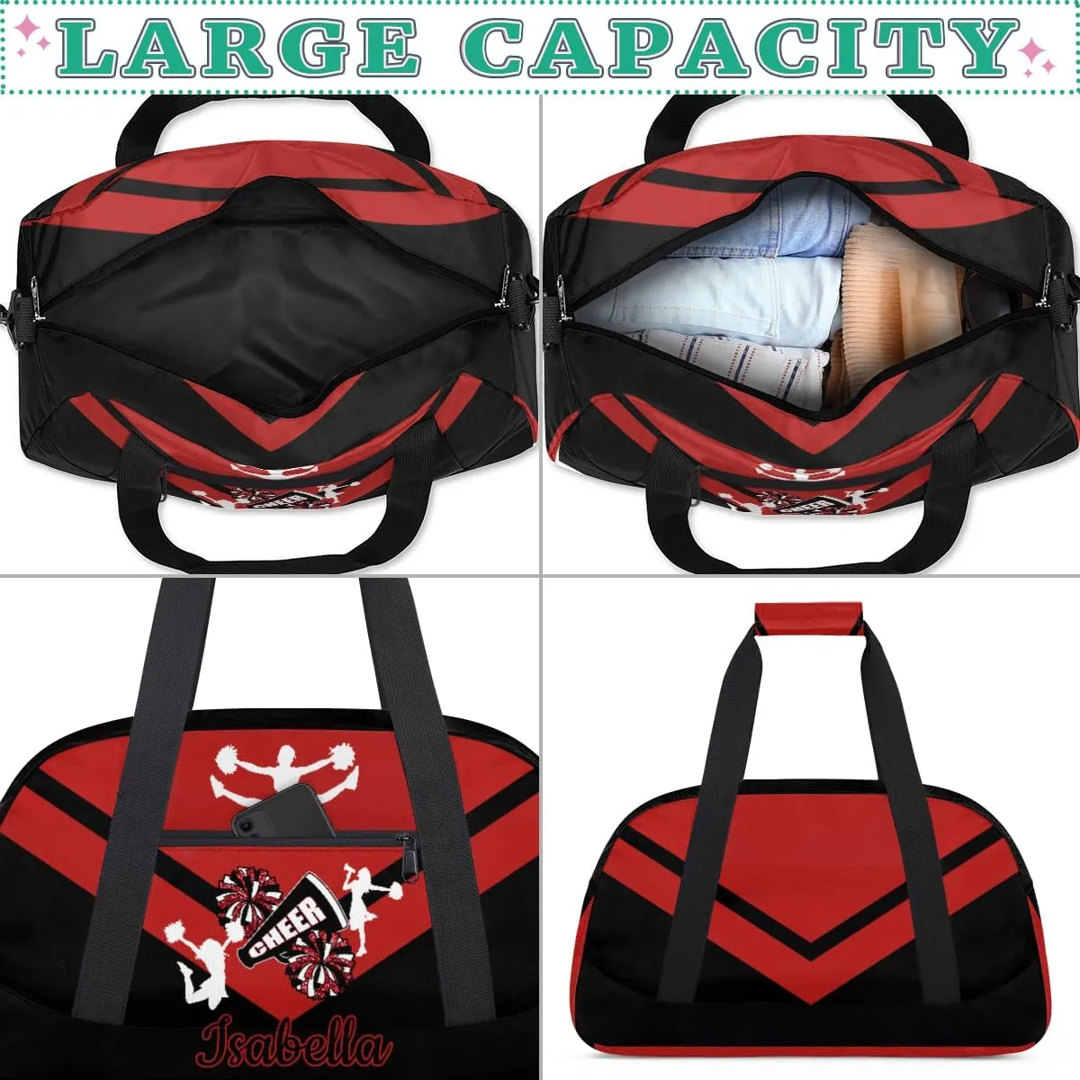 Personalized Cheer Bag Girl Sport Duffel Bag, Custom Kids Gym Bag, Customize Travel Duffle Bag with Name, Overnight Weekender Bags,Black Red, Cheerleading Gifts