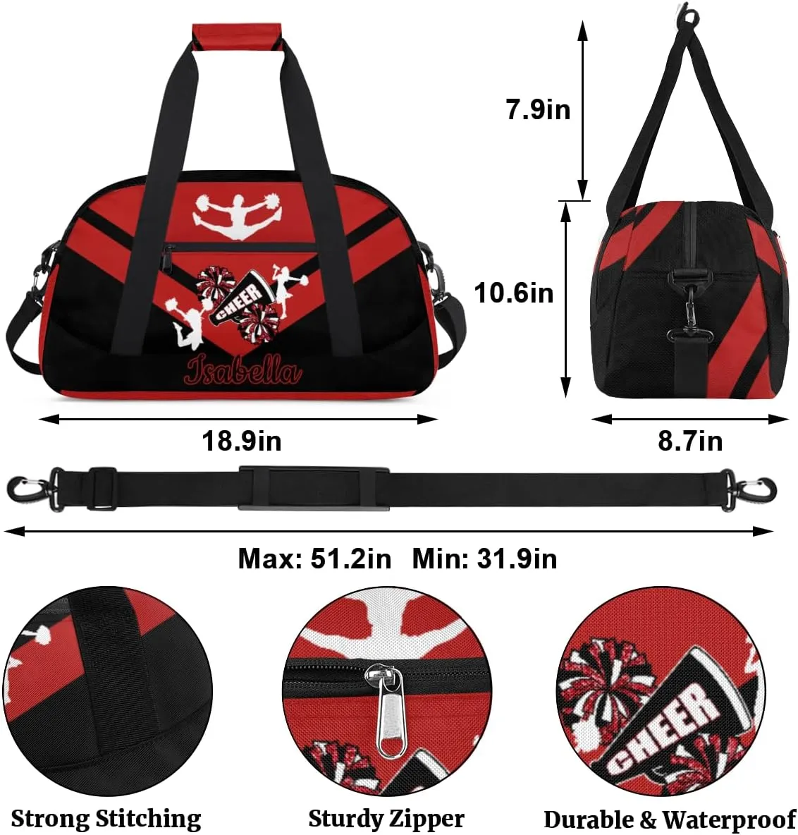Personalized Cheer Bag Girl Sport Duffel Bag, Custom Kids Gym Bag, Customize Travel Duffle Bag with Name, Overnight Weekender Bags,Black Red, Cheerleading Gifts